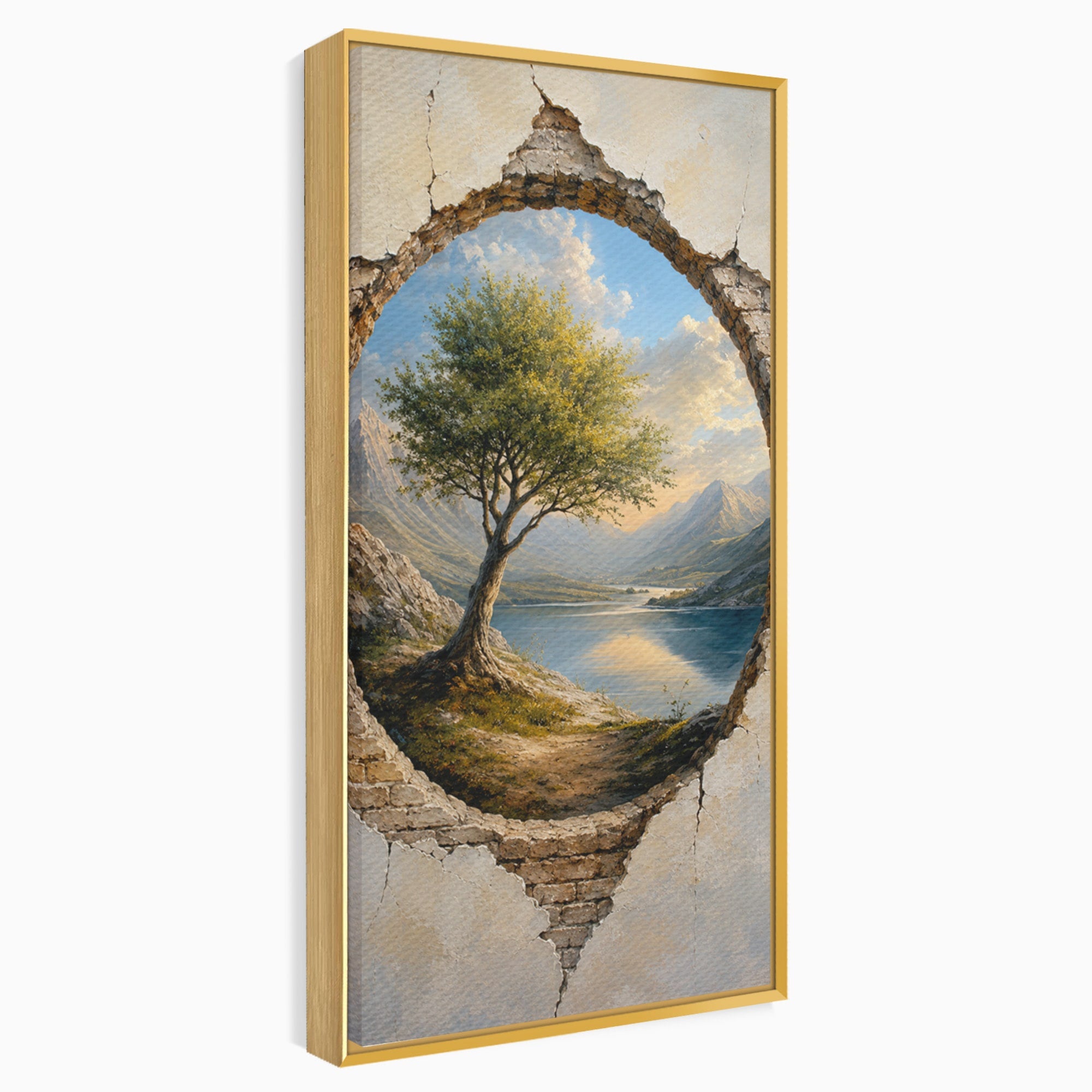 Tablou Canvas Premium LuxCanva® A1901, Fereastra Spre Natura, Peisaj, Copac, Lac, Munti, Living, Culori Vibrante