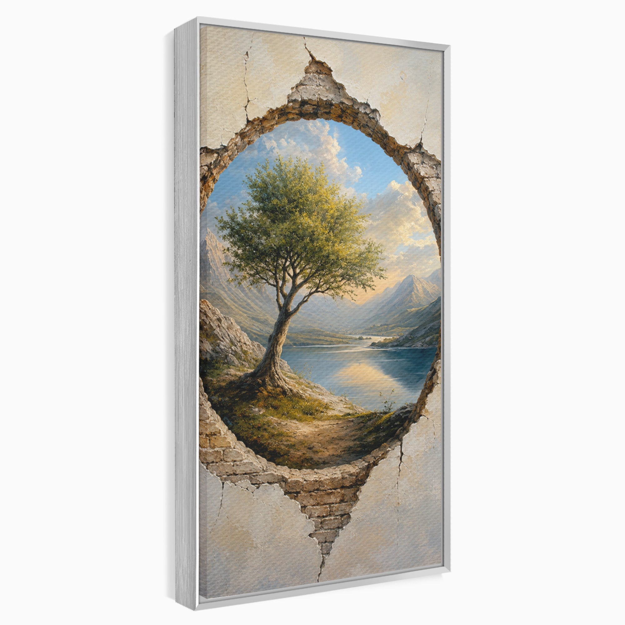 Tablou Canvas Premium LuxCanva® A1901, Fereastra Spre Natura, Peisaj, Copac, Lac, Munti, Living, Culori Vibrante