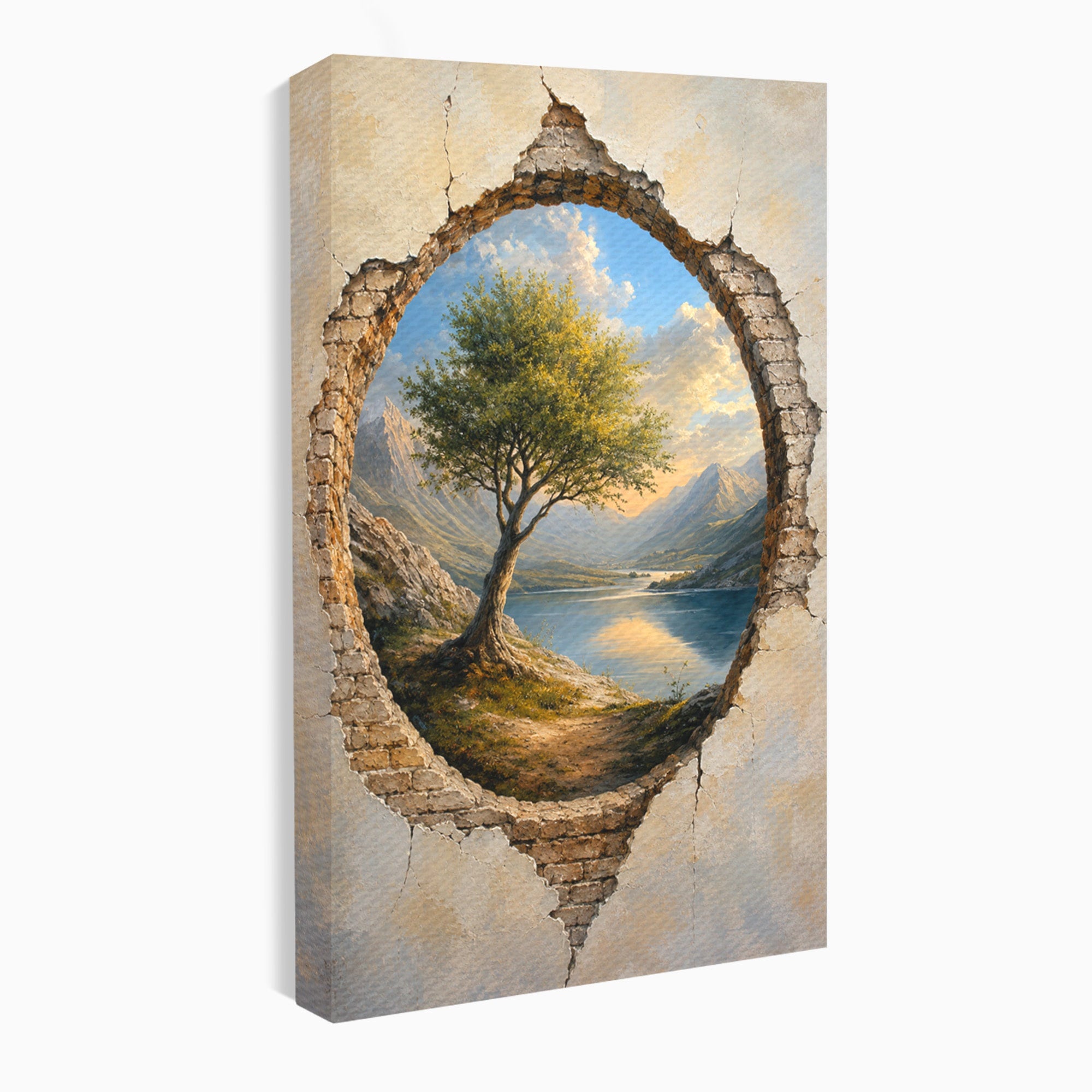 Tablou Canvas Premium LuxCanva® A1901, Fereastra Spre Natura, Peisaj, Copac, Lac, Munti, Living, Culori Vibrante