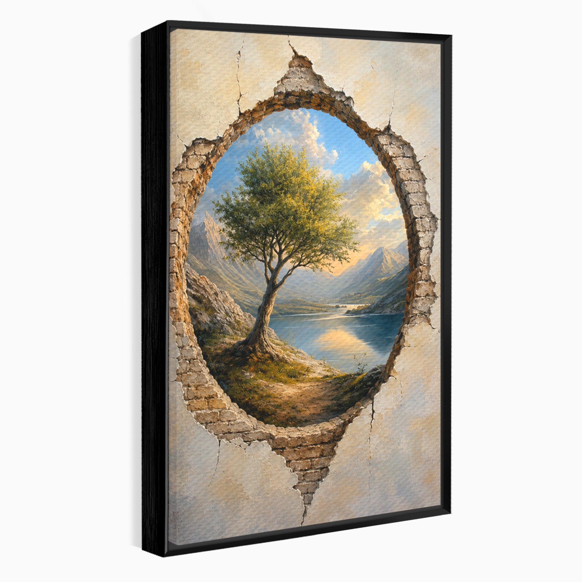 Tablou Canvas Premium LuxCanva® A1901, Fereastra Spre Natura, Peisaj, Copac, Lac, Munti, Living, Culori Vibrante