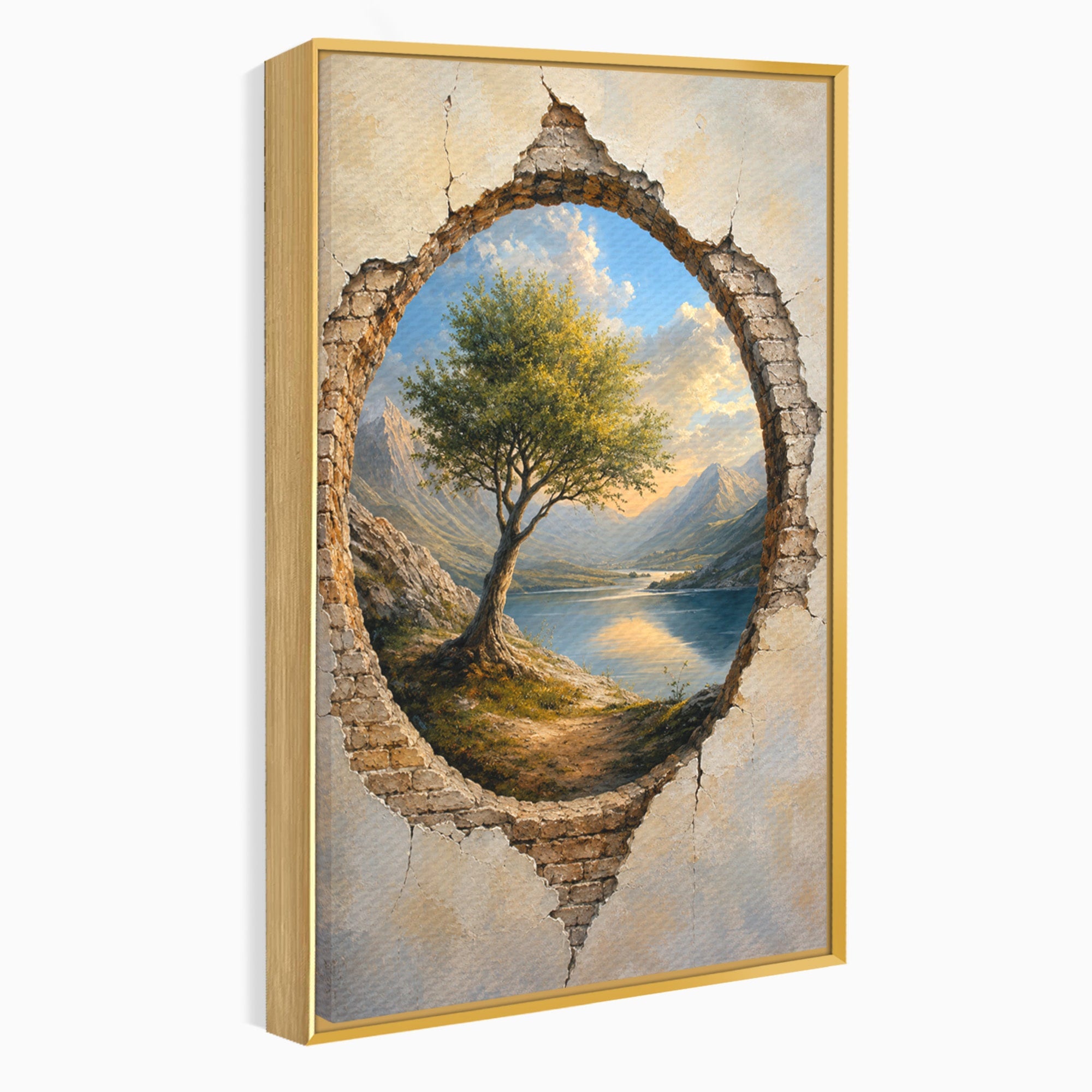 Tablou Canvas Premium LuxCanva® A1901, Fereastra Spre Natura, Peisaj, Copac, Lac, Munti, Living, Culori Vibrante