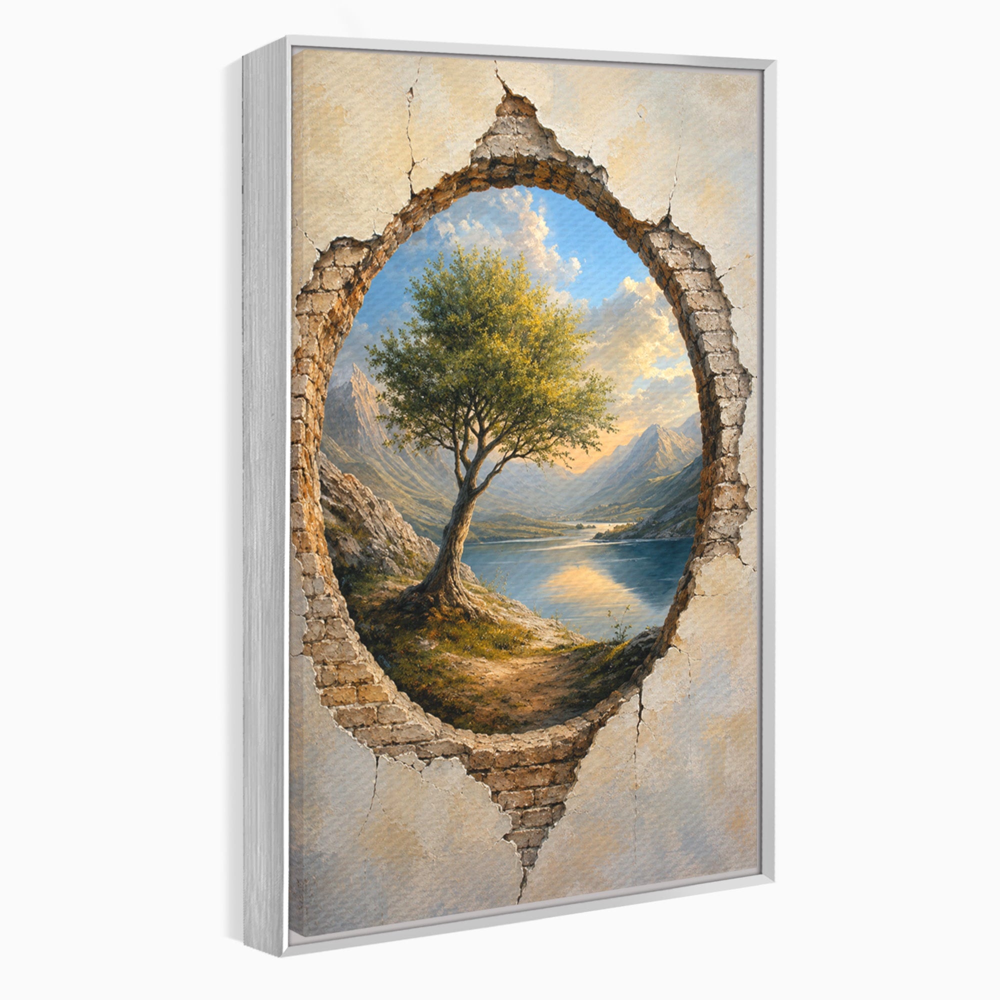 Tablou Canvas Premium LuxCanva® A1901, Fereastra Spre Natura, Peisaj, Copac, Lac, Munti, Living, Culori Vibrante