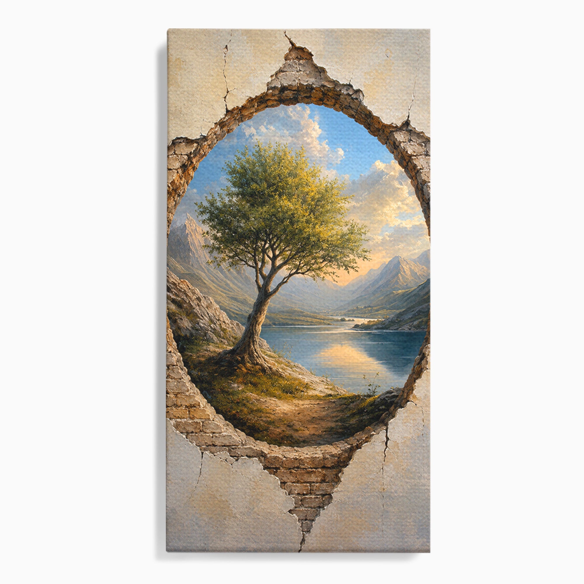 Tablou Canvas Premium LuxCanva® A1901, Fereastra Spre Natura, Peisaj, Copac, Lac, Munti, Living, Culori Vibrante