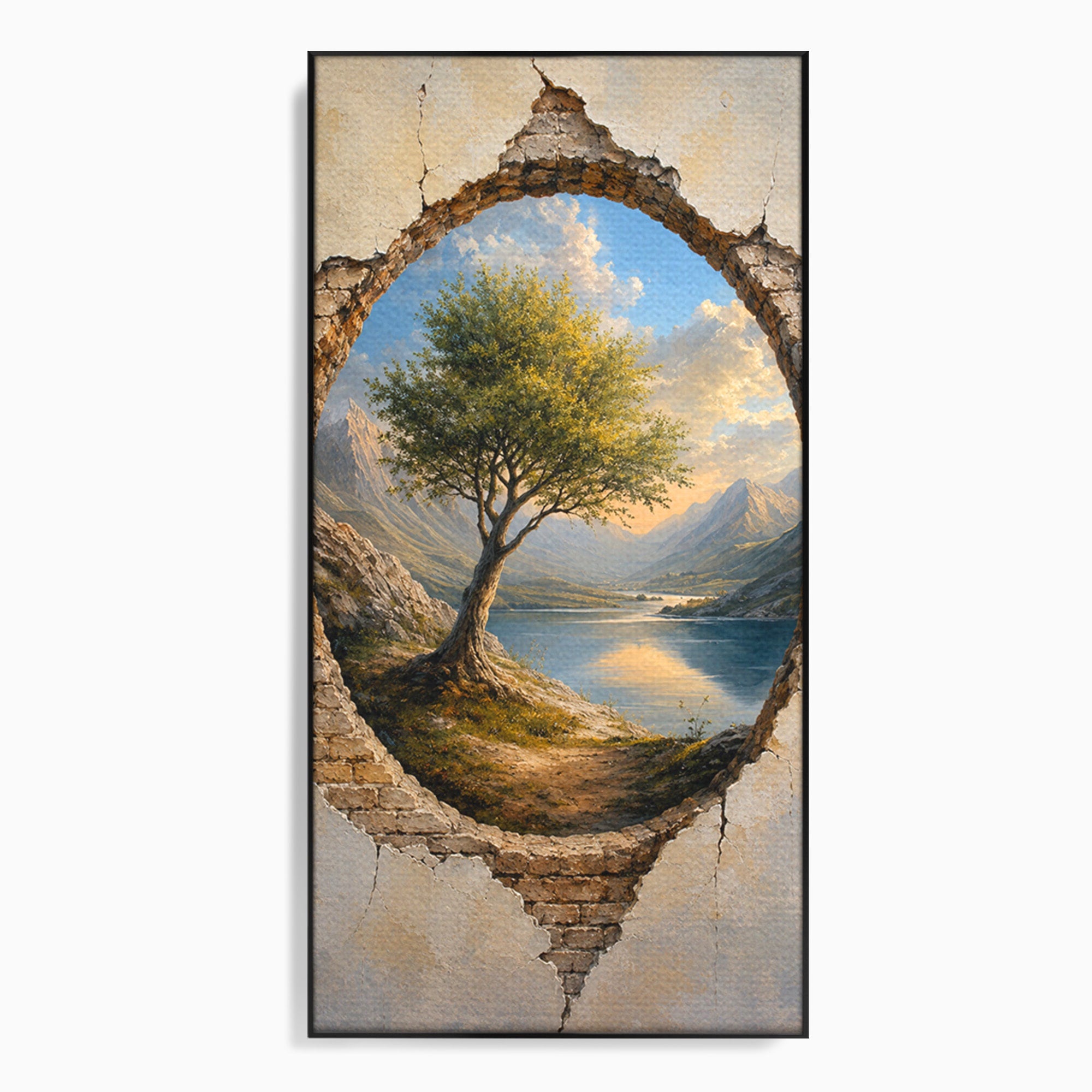 Tablou Canvas Premium LuxCanva® A1901, Fereastra Spre Natura, Peisaj, Copac, Lac, Munti, Living, Culori Vibrante