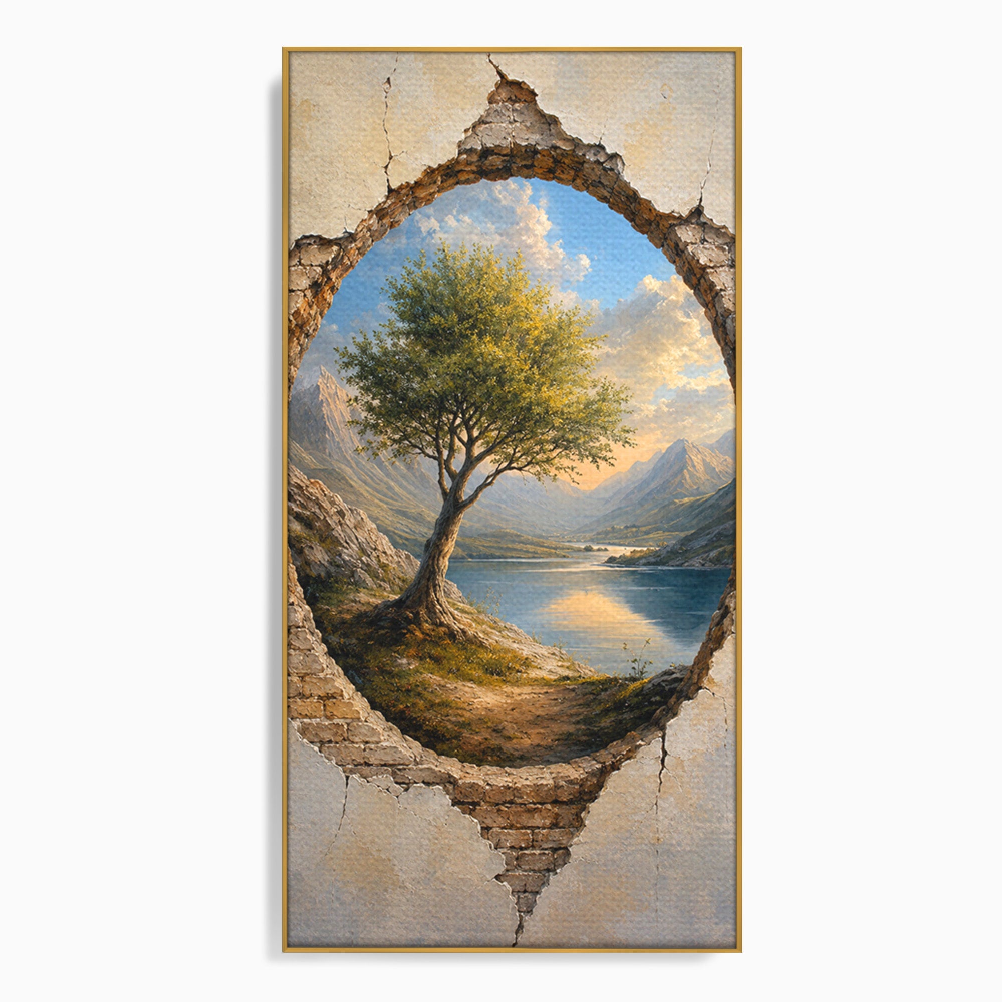 Tablou Canvas Premium LuxCanva® A1901, Fereastra Spre Natura, Peisaj, Copac, Lac, Munti, Living, Culori Vibrante