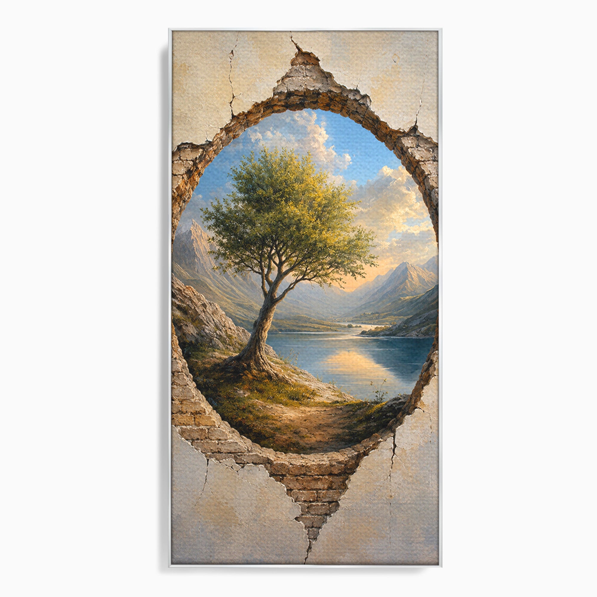 Tablou Canvas Premium LuxCanva® A1901, Fereastra Spre Natura, Peisaj, Copac, Lac, Munti, Living, Culori Vibrante