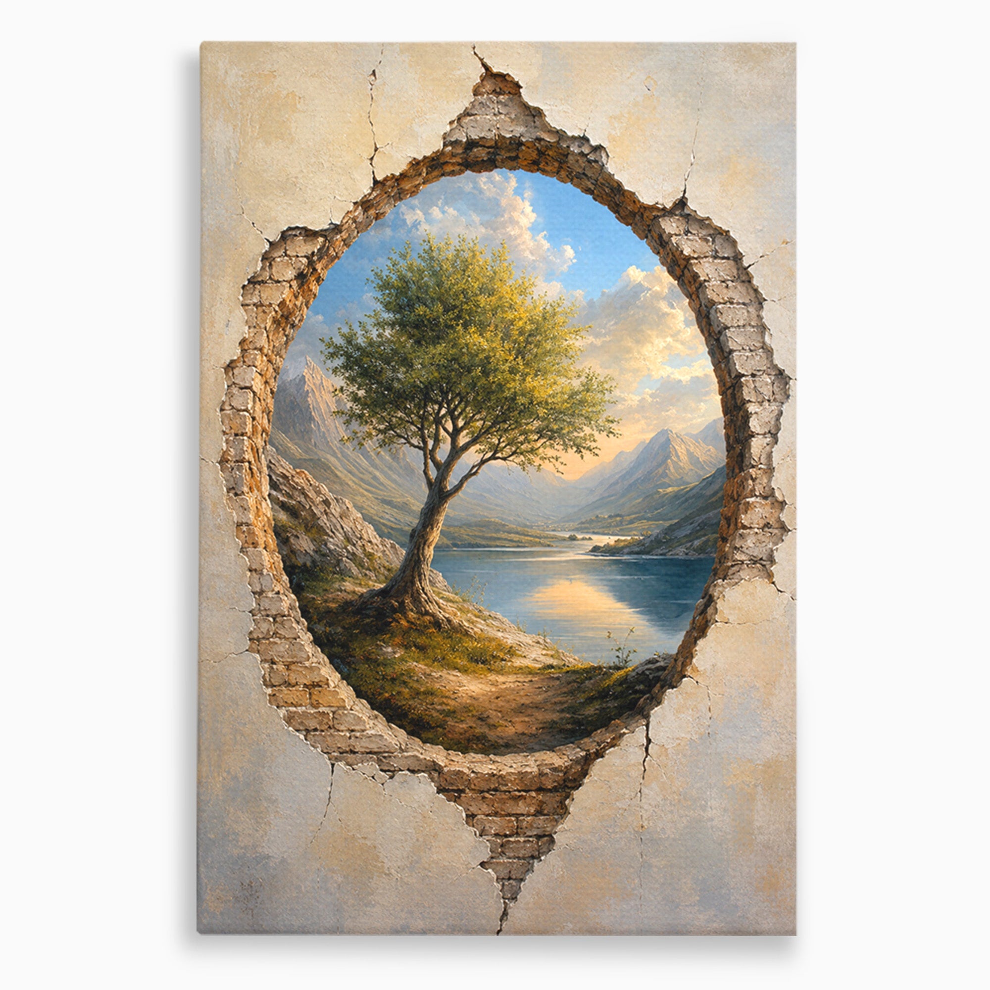 Tablou Canvas Premium LuxCanva® A1901, Fereastra Spre Natura, Peisaj, Copac, Lac, Munti, Living, Culori Vibrante