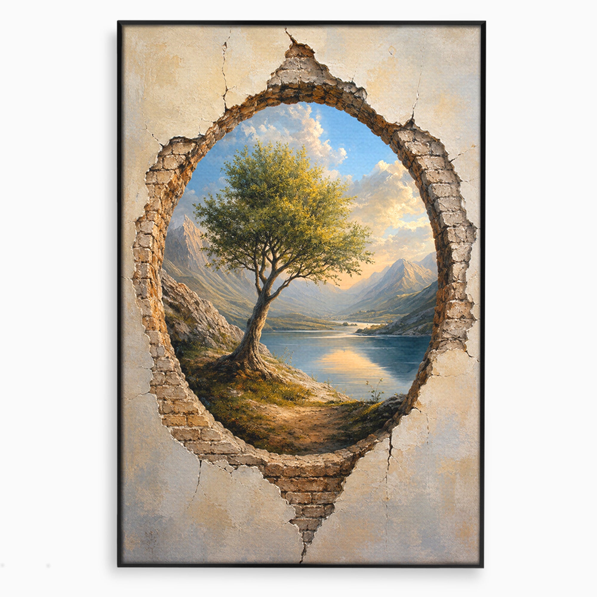 Tablou Canvas Premium LuxCanva® A1901, Fereastra Spre Natura, Peisaj, Copac, Lac, Munti, Living, Culori Vibrante