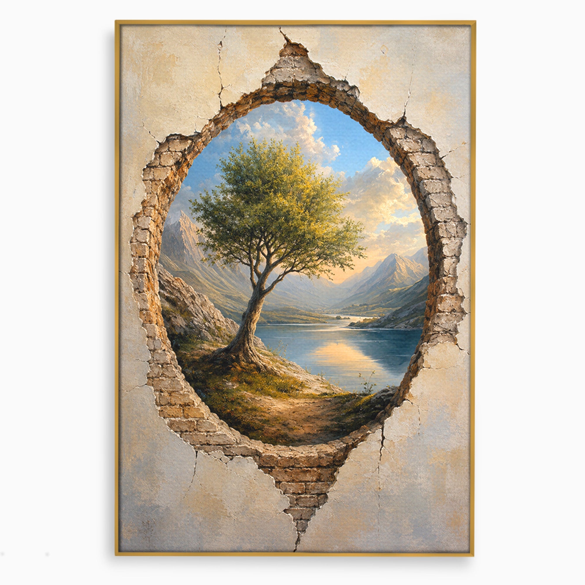 Tablou Canvas Premium LuxCanva® A1901, Fereastra Spre Natura, Peisaj, Copac, Lac, Munti, Living, Culori Vibrante
