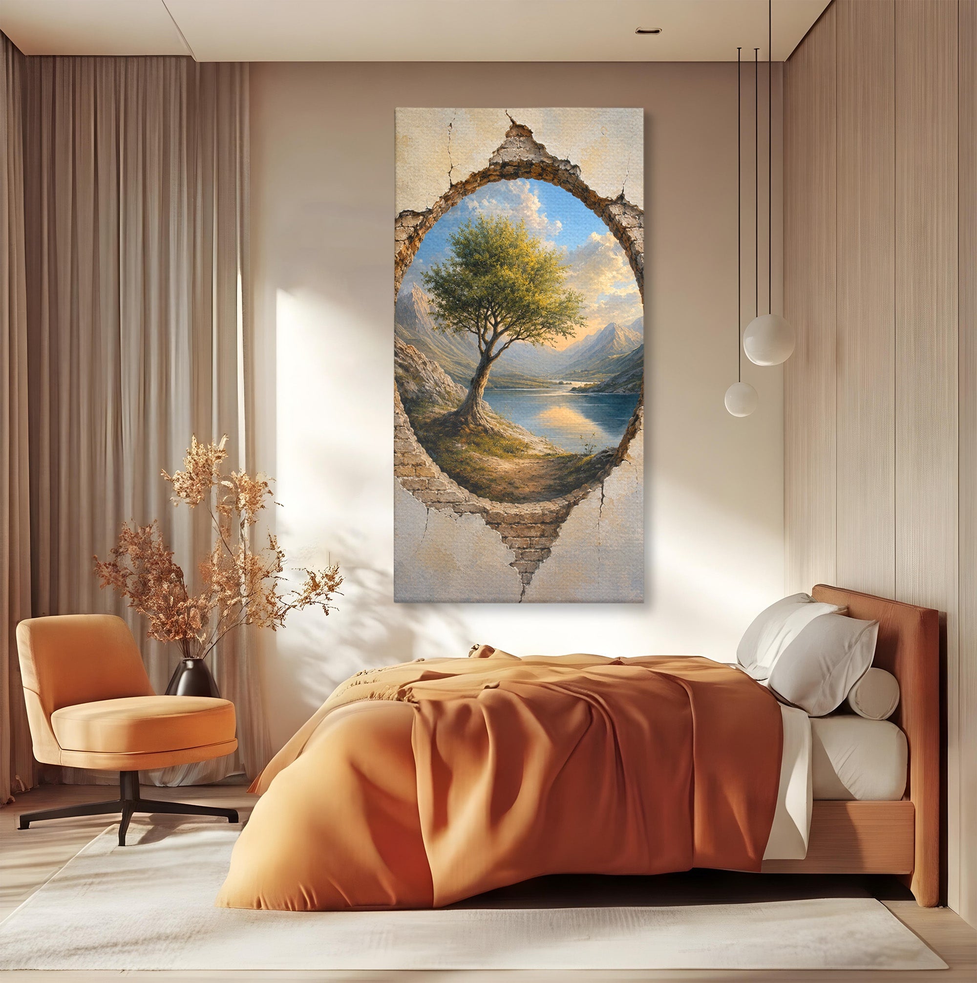 Tablou Canvas Premium LuxCanva® A1901, Fereastra Spre Natura, Peisaj, Copac, Lac, Munti, Living, Culori Vibrante