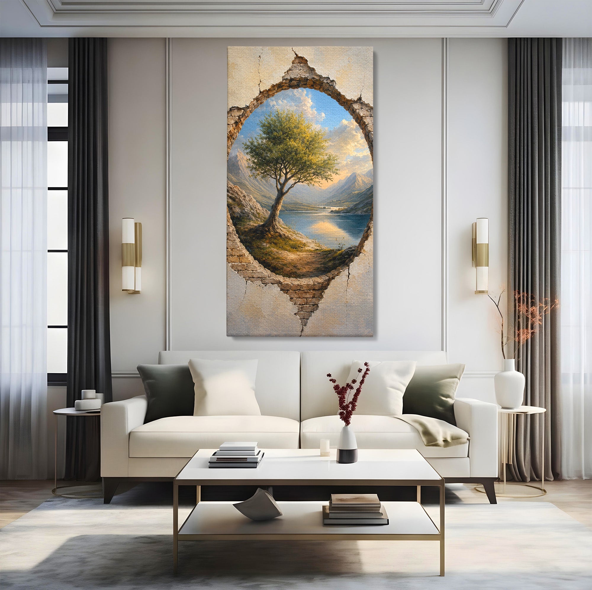 Tablou Canvas Premium LuxCanva® A1901, Fereastra Spre Natura, Peisaj, Copac, Lac, Munti, Living, Culori Vibrante