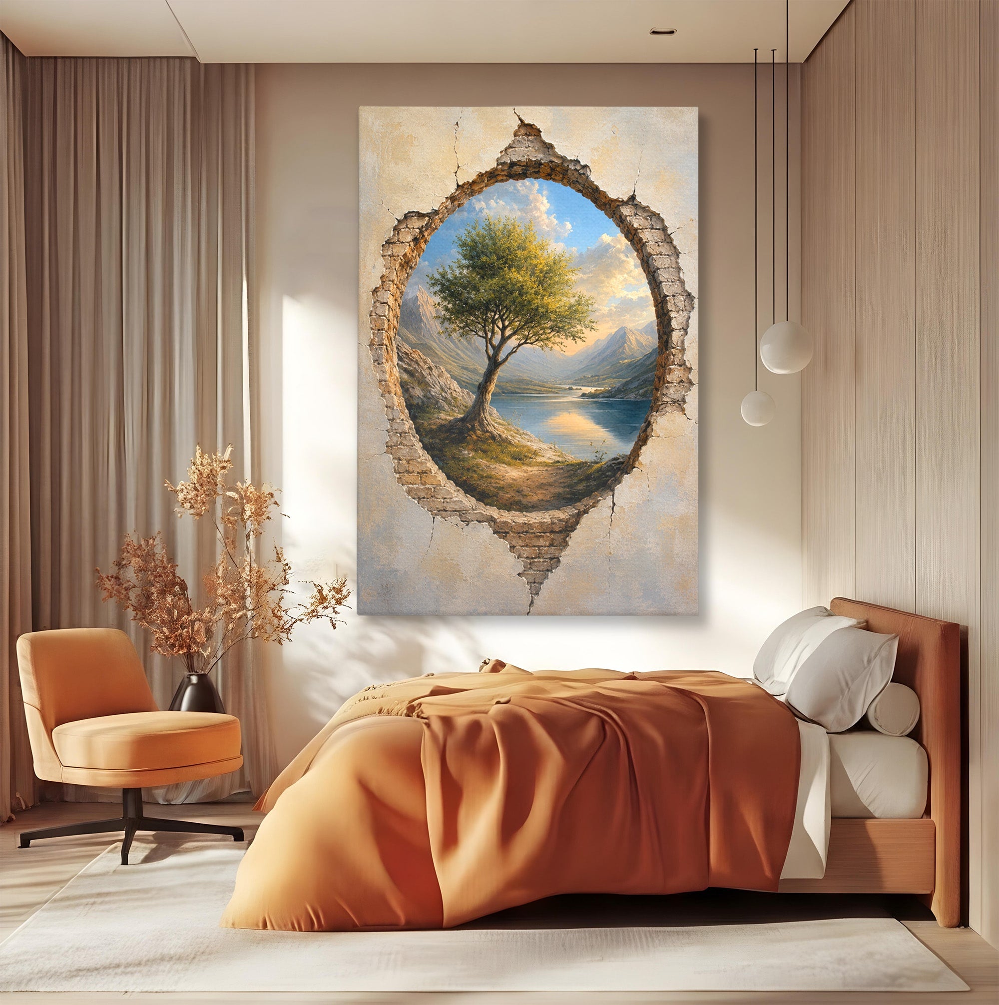 Tablou Canvas Premium LuxCanva® A1901, Fereastra Spre Natura, Peisaj, Copac, Lac, Munti, Living, Culori Vibrante