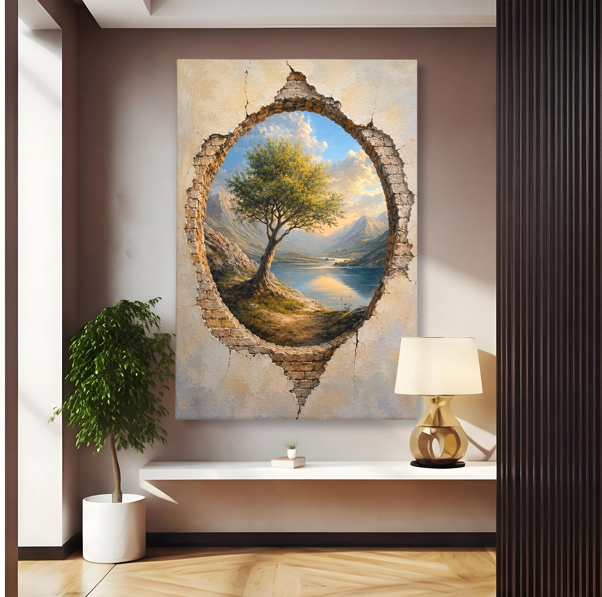 Tablou Canvas Premium LuxCanva® A1901, Fereastra Spre Natura, Peisaj, Copac, Lac, Munti, Living, Culori Vibrante