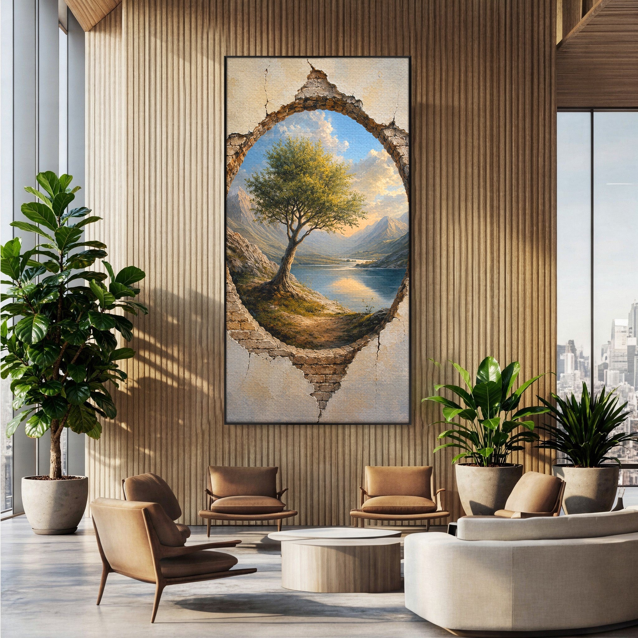 Tablou Canvas Premium LuxCanva® A1901, Fereastra Spre Natura, Peisaj, Copac, Lac, Munti, Living, Culori Vibrante