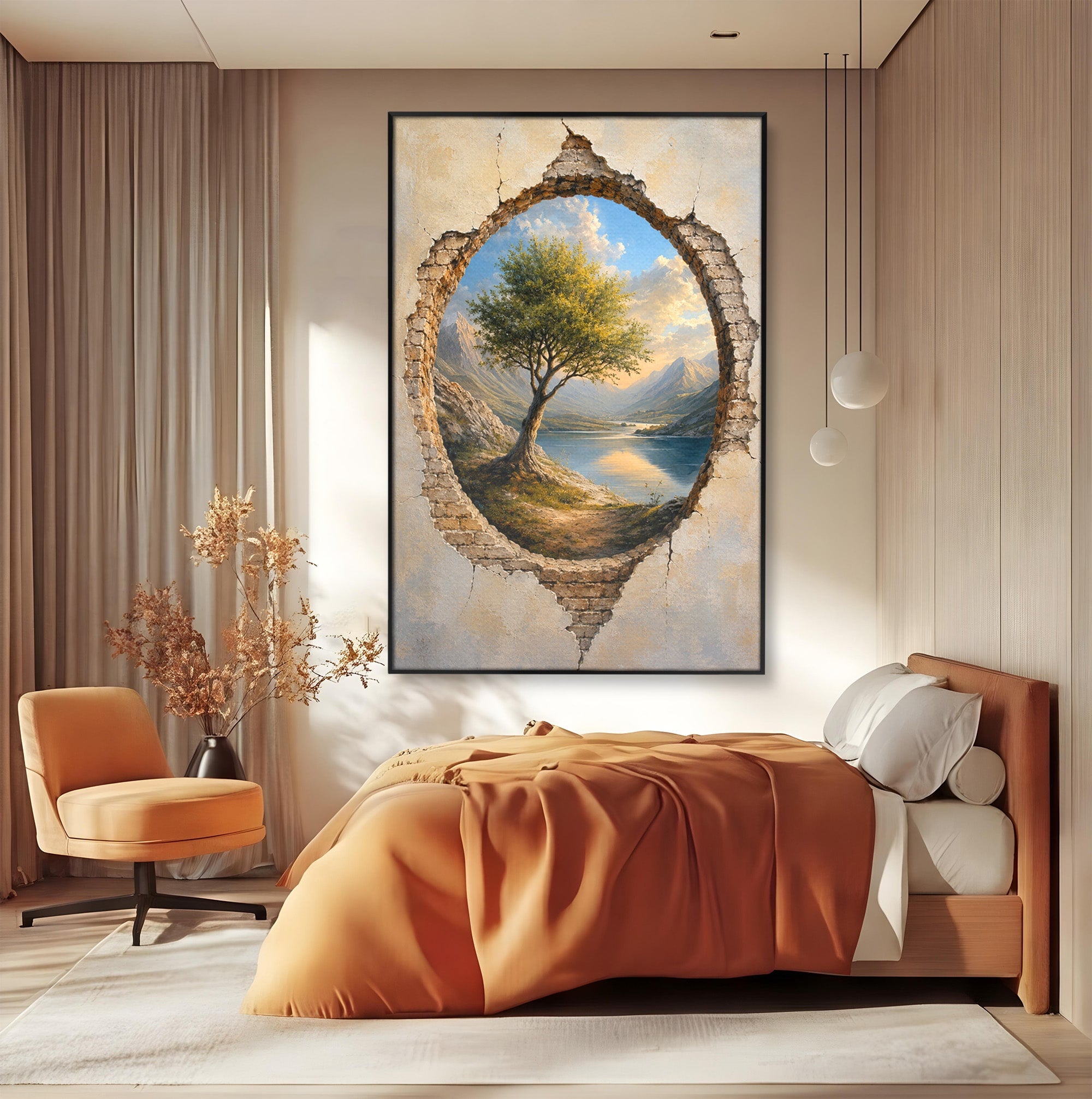 Tablou Canvas Premium LuxCanva® A1901, Fereastra Spre Natura, Peisaj, Copac, Lac, Munti, Living, Culori Vibrante