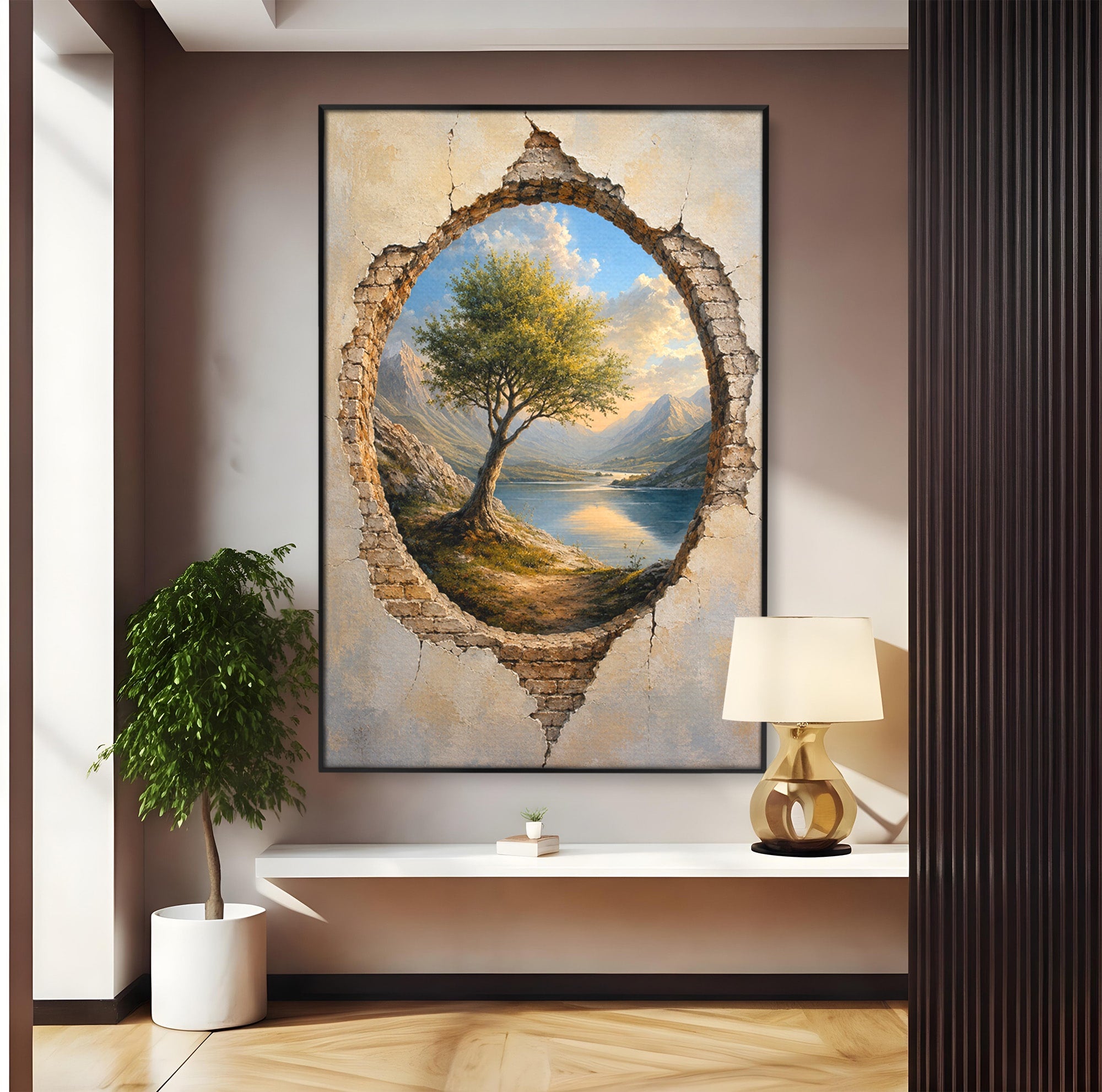 Tablou Canvas Premium LuxCanva® A1901, Fereastra Spre Natura, Peisaj, Copac, Lac, Munti, Living, Culori Vibrante
