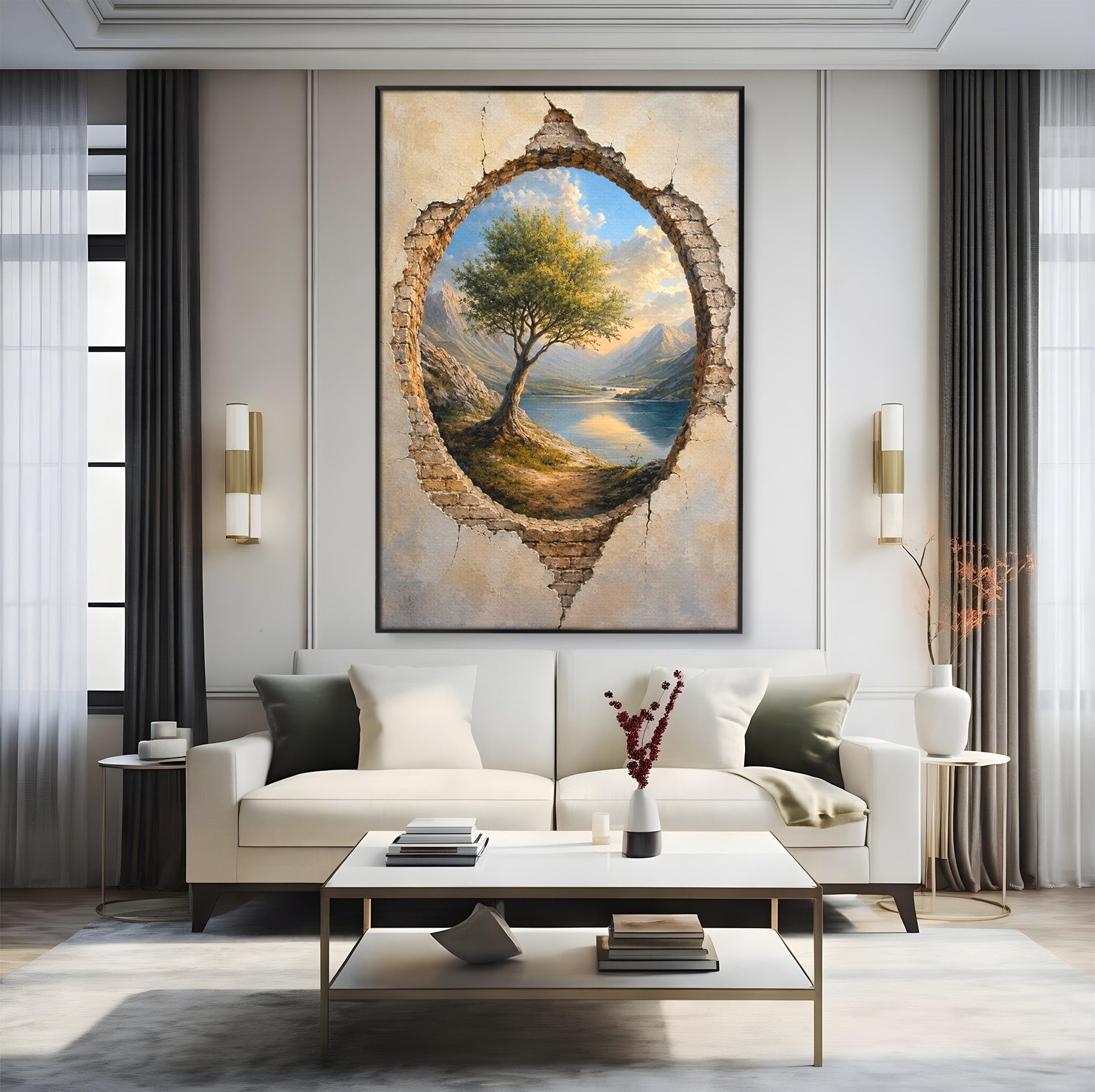 Tablou Canvas Premium LuxCanva® A1901, Fereastra Spre Natura, Peisaj, Copac, Lac, Munti, Living, Culori Vibrante