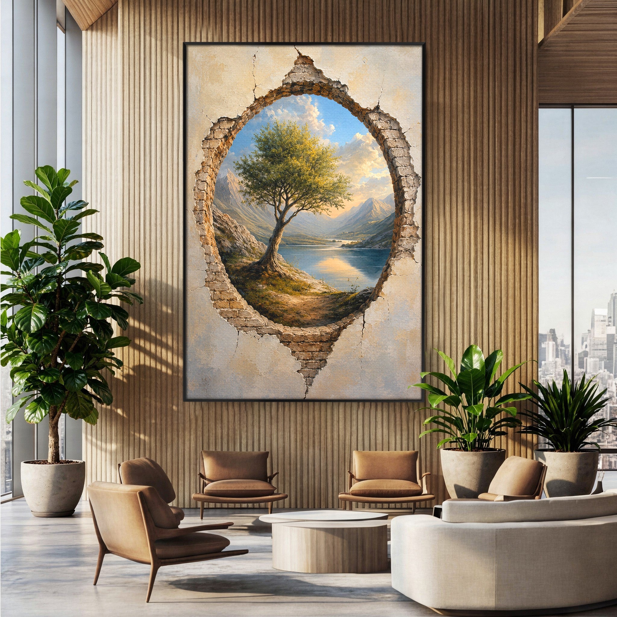 Tablou Canvas Premium LuxCanva® A1901, Fereastra Spre Natura, Peisaj, Copac, Lac, Munti, Living, Culori Vibrante