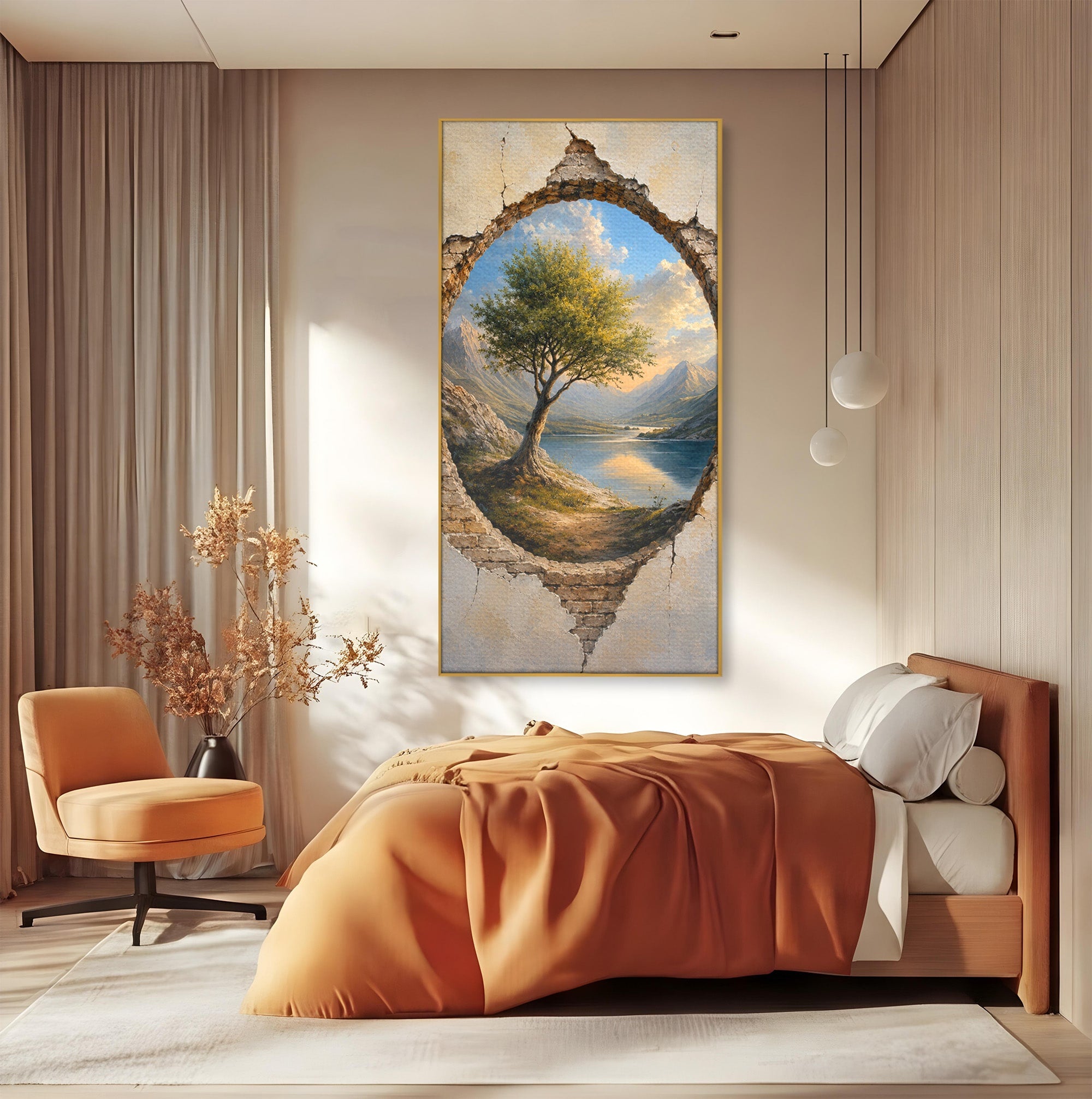 Tablou Canvas Premium LuxCanva® A1901, Fereastra Spre Natura, Peisaj, Copac, Lac, Munti, Living, Culori Vibrante