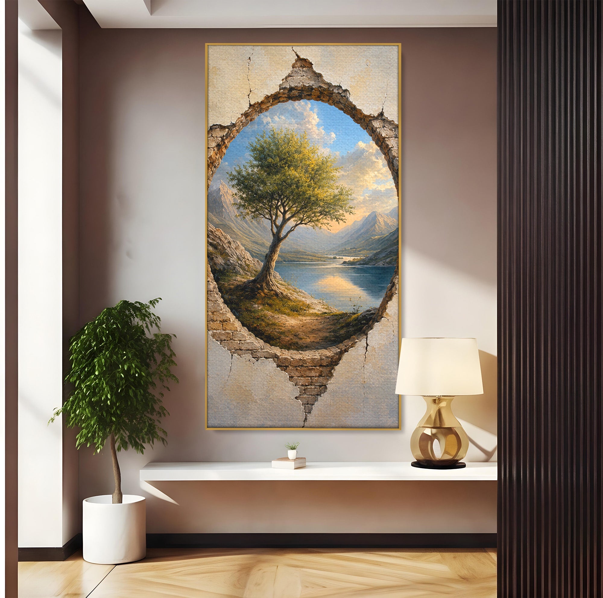 Tablou Canvas Premium LuxCanva® A1901, Fereastra Spre Natura, Peisaj, Copac, Lac, Munti, Living, Culori Vibrante