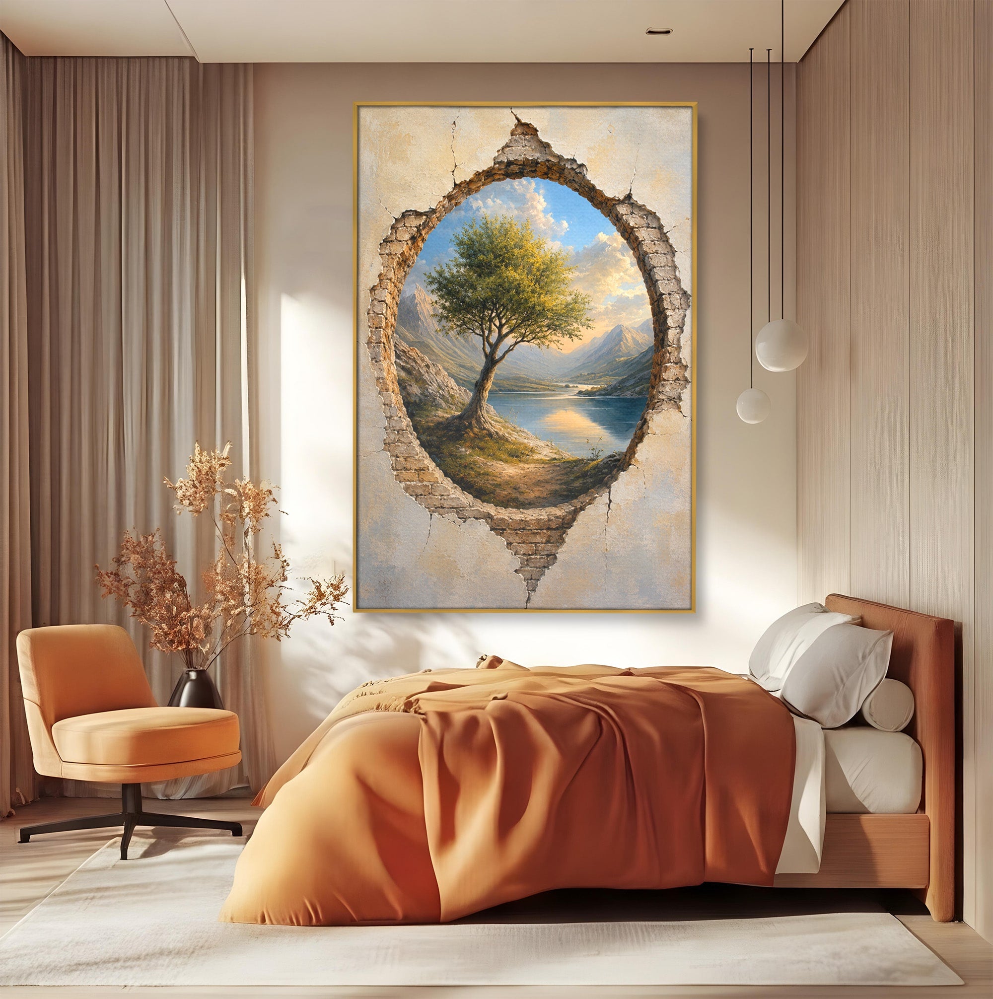 Tablou Canvas Premium LuxCanva® A1901, Fereastra Spre Natura, Peisaj, Copac, Lac, Munti, Living, Culori Vibrante