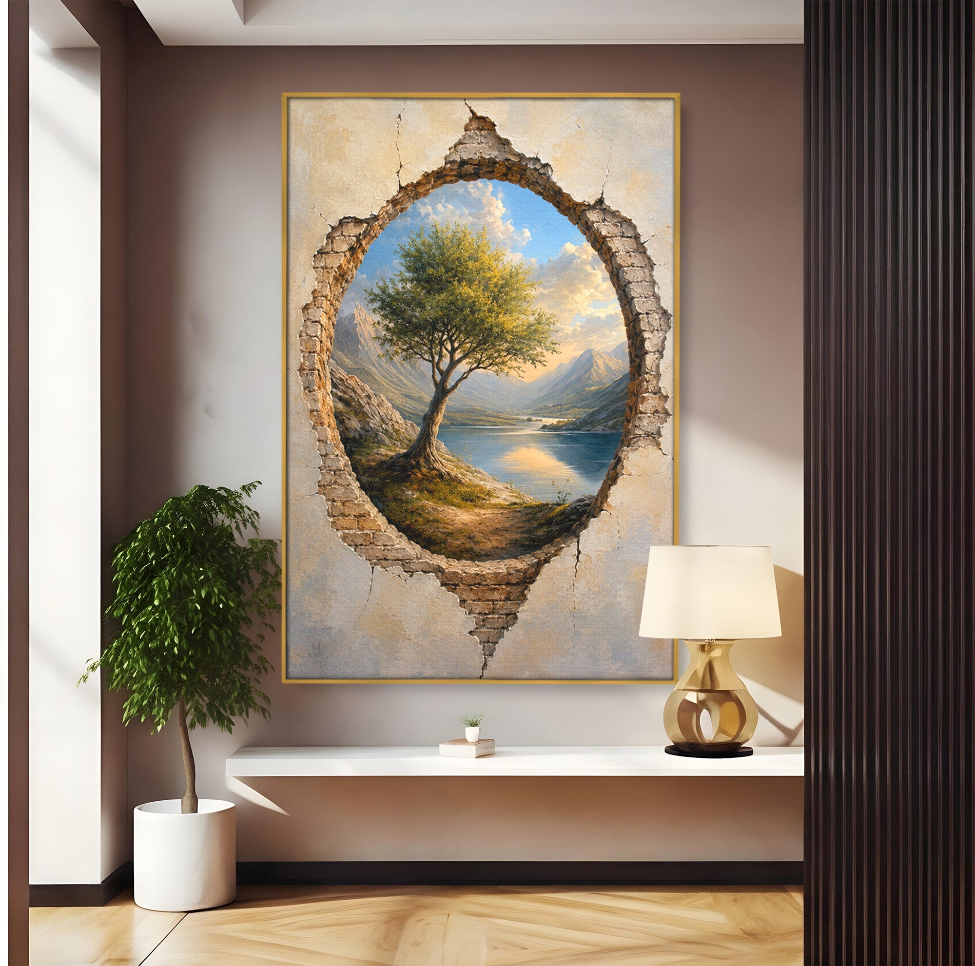 Tablou Canvas Premium LuxCanva® A1901, Fereastra Spre Natura, Peisaj, Copac, Lac, Munti, Living, Culori Vibrante