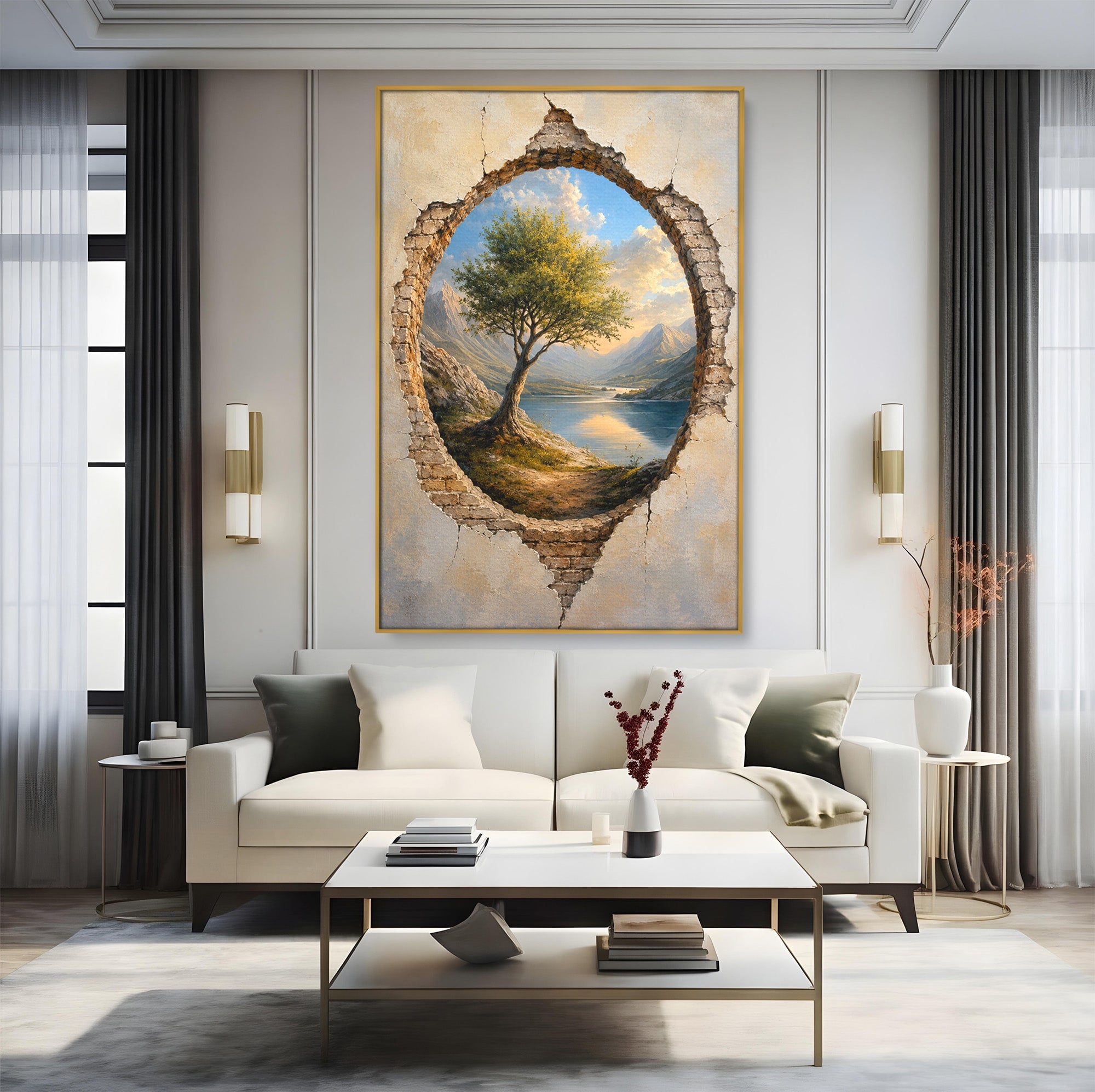 Tablou Canvas Premium LuxCanva® A1901, Fereastra Spre Natura, Peisaj, Copac, Lac, Munti, Living, Culori Vibrante