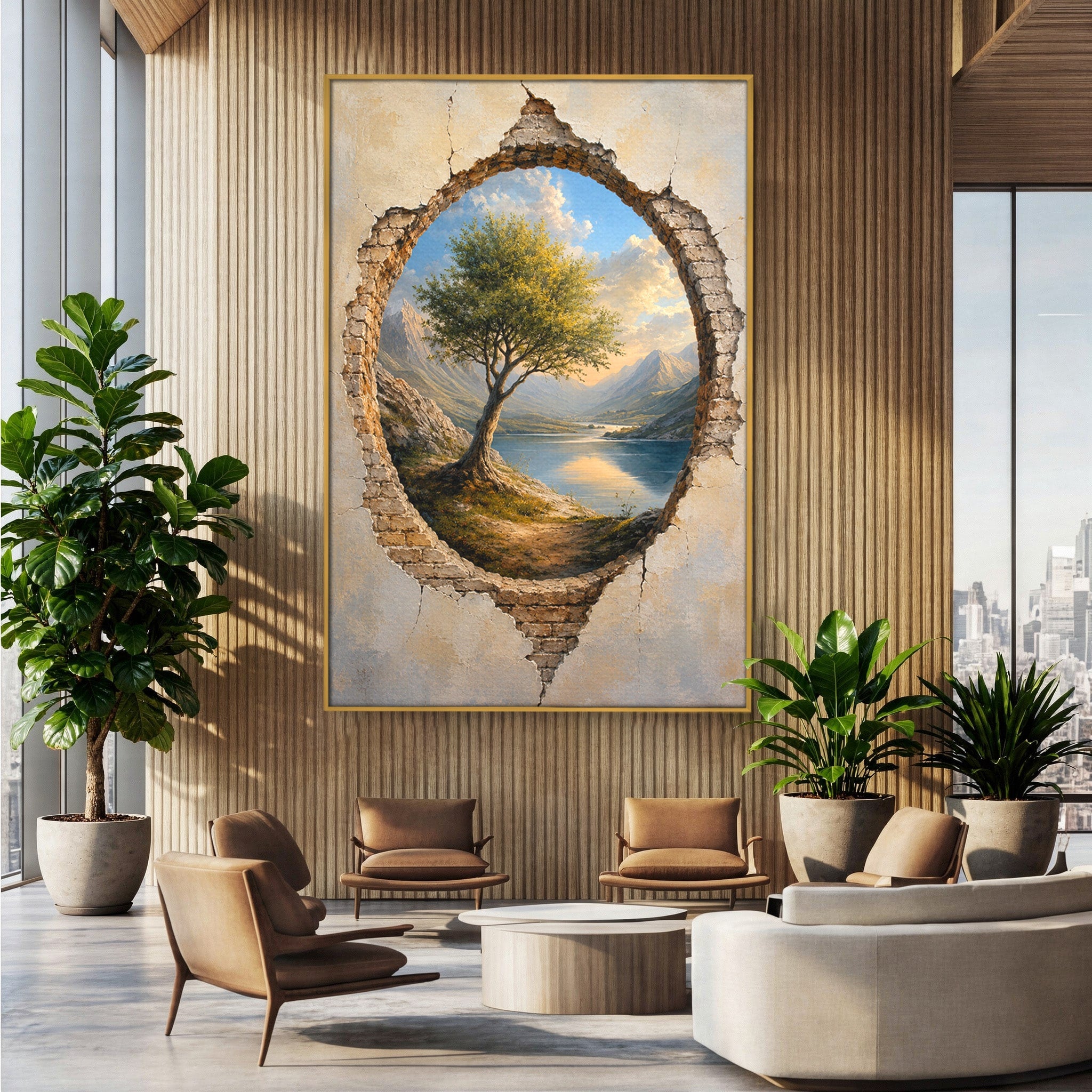 Tablou Canvas Premium LuxCanva® A1901, Fereastra Spre Natura, Peisaj, Copac, Lac, Munti, Living, Culori Vibrante