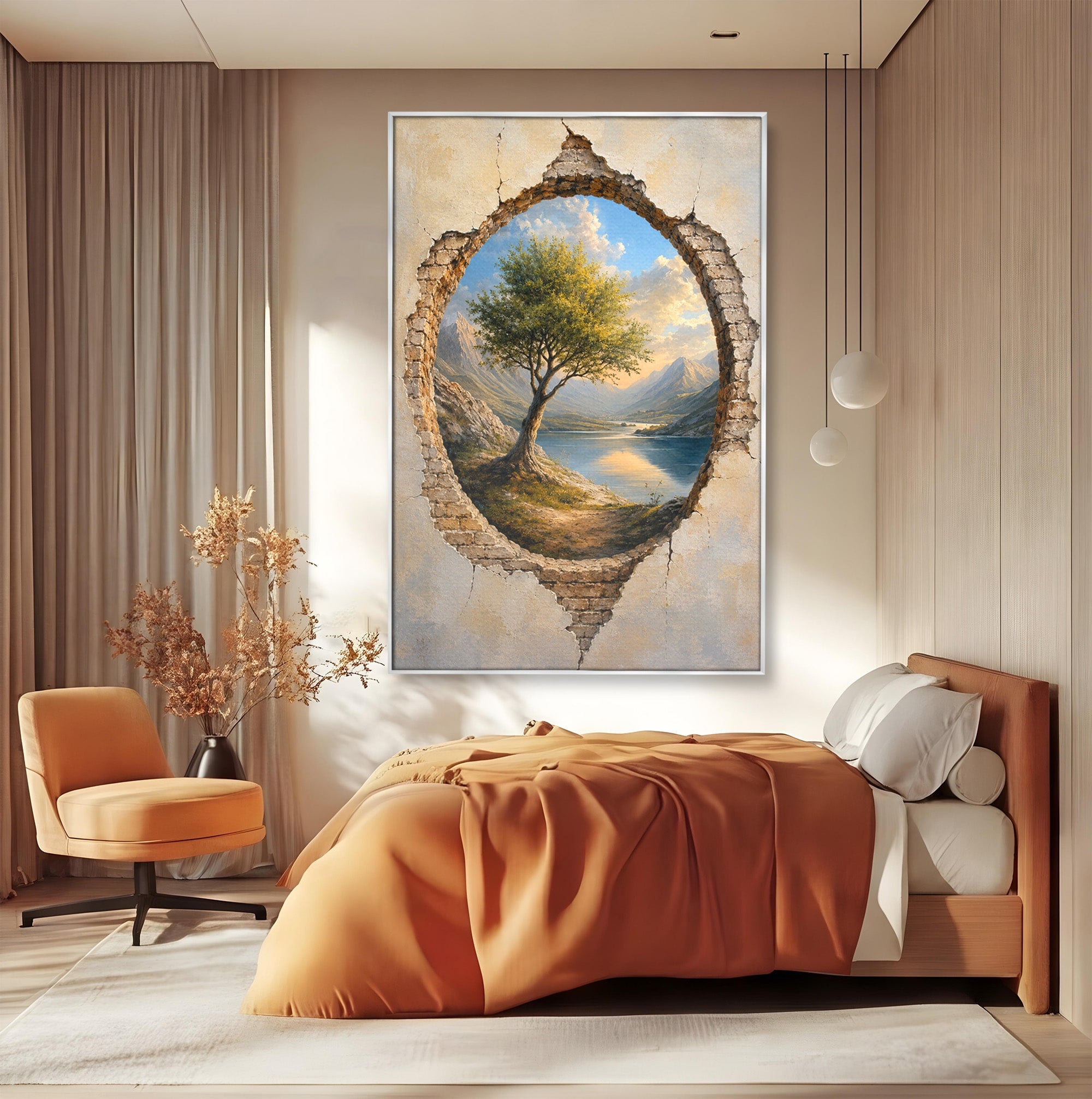 Tablou Canvas Premium LuxCanva® A1901, Fereastra Spre Natura, Peisaj, Copac, Lac, Munti, Living, Culori Vibrante