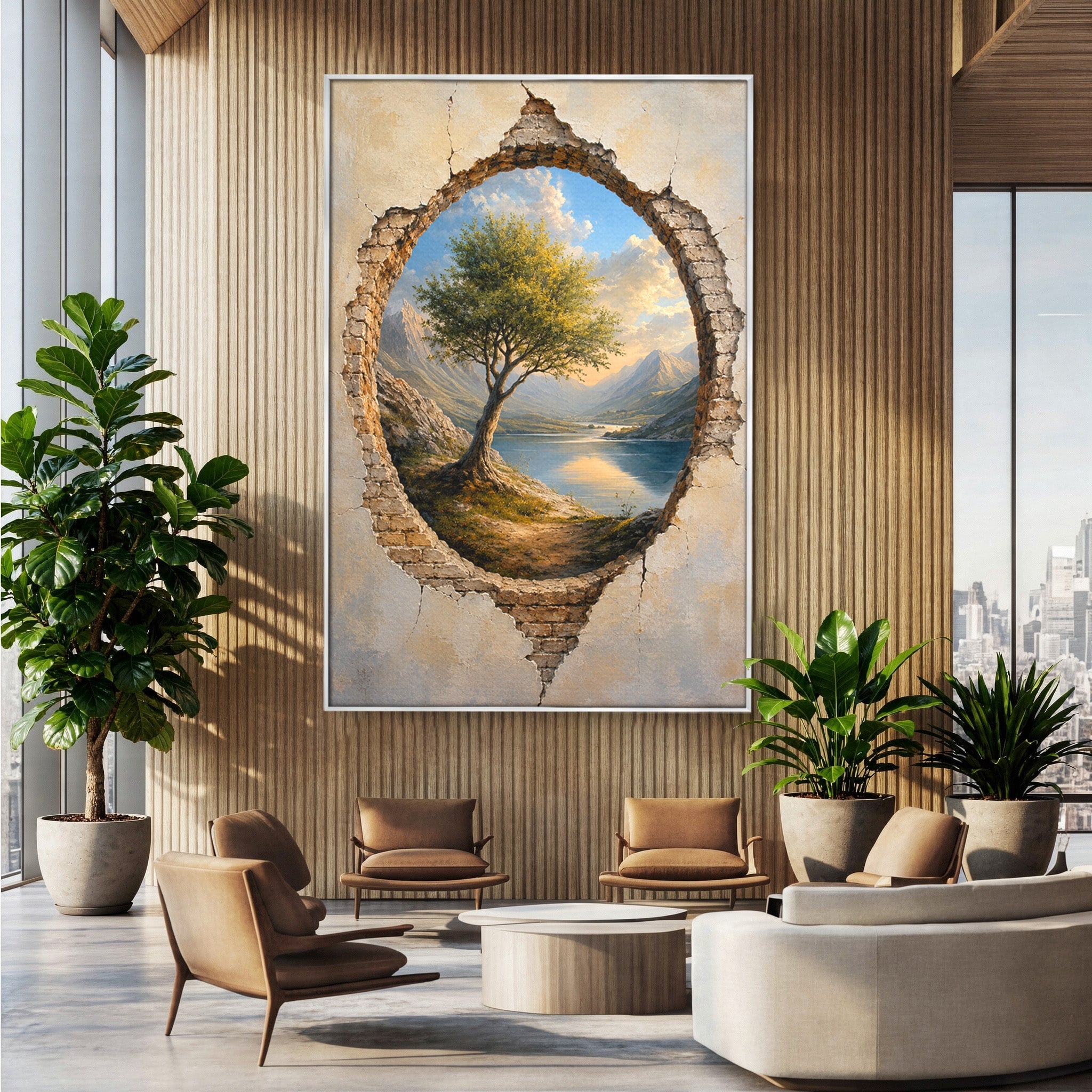 Tablou Canvas Premium LuxCanva® A1901, Fereastra Spre Natura, Peisaj, Copac, Lac, Munti, Living, Culori Vibrante