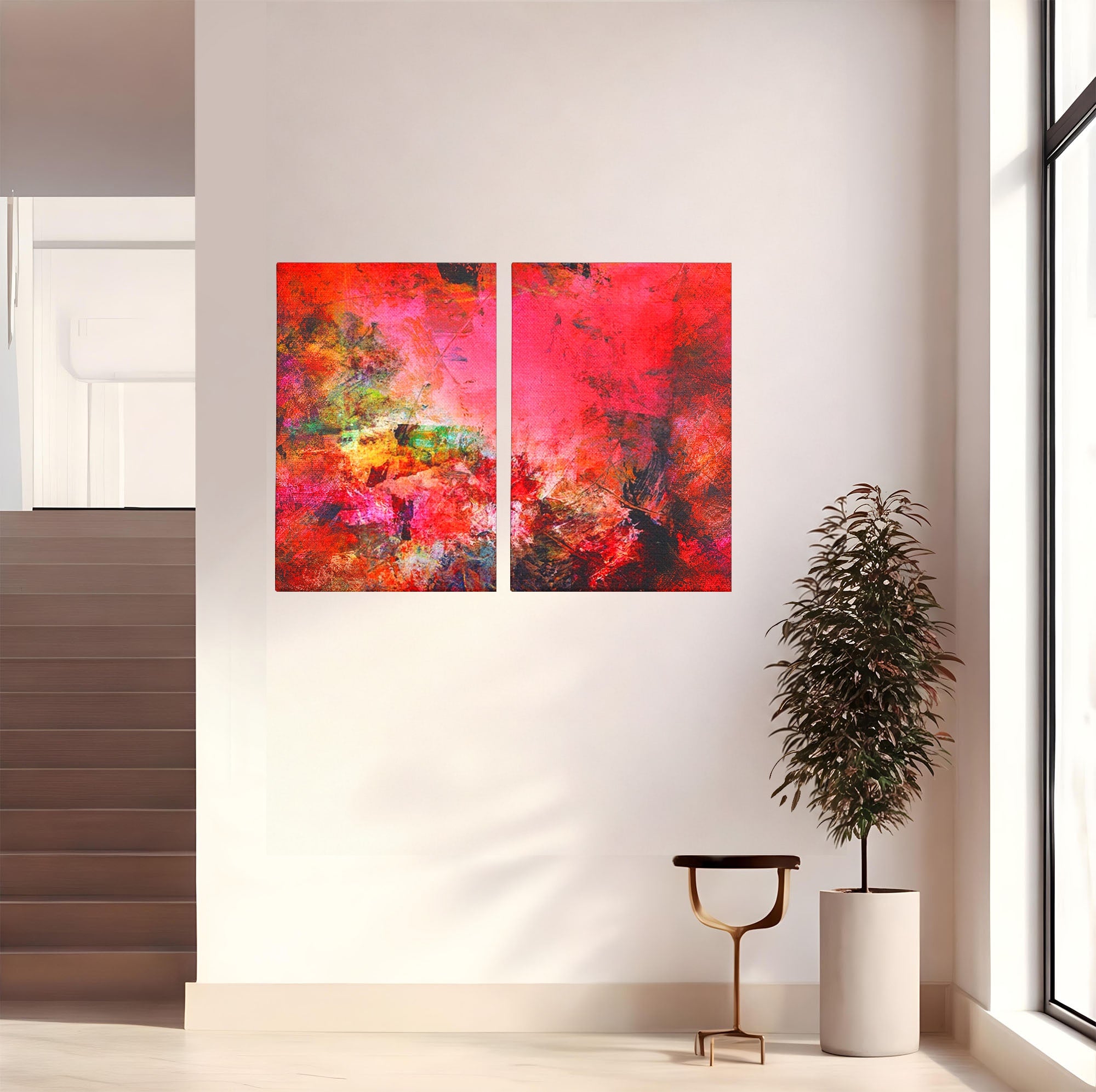 Set 2 Tablouri Canvas Premium LuxCanva® A2-1085, Colorful Red, Abstract, Red, Multicolor, Culori Vibrante