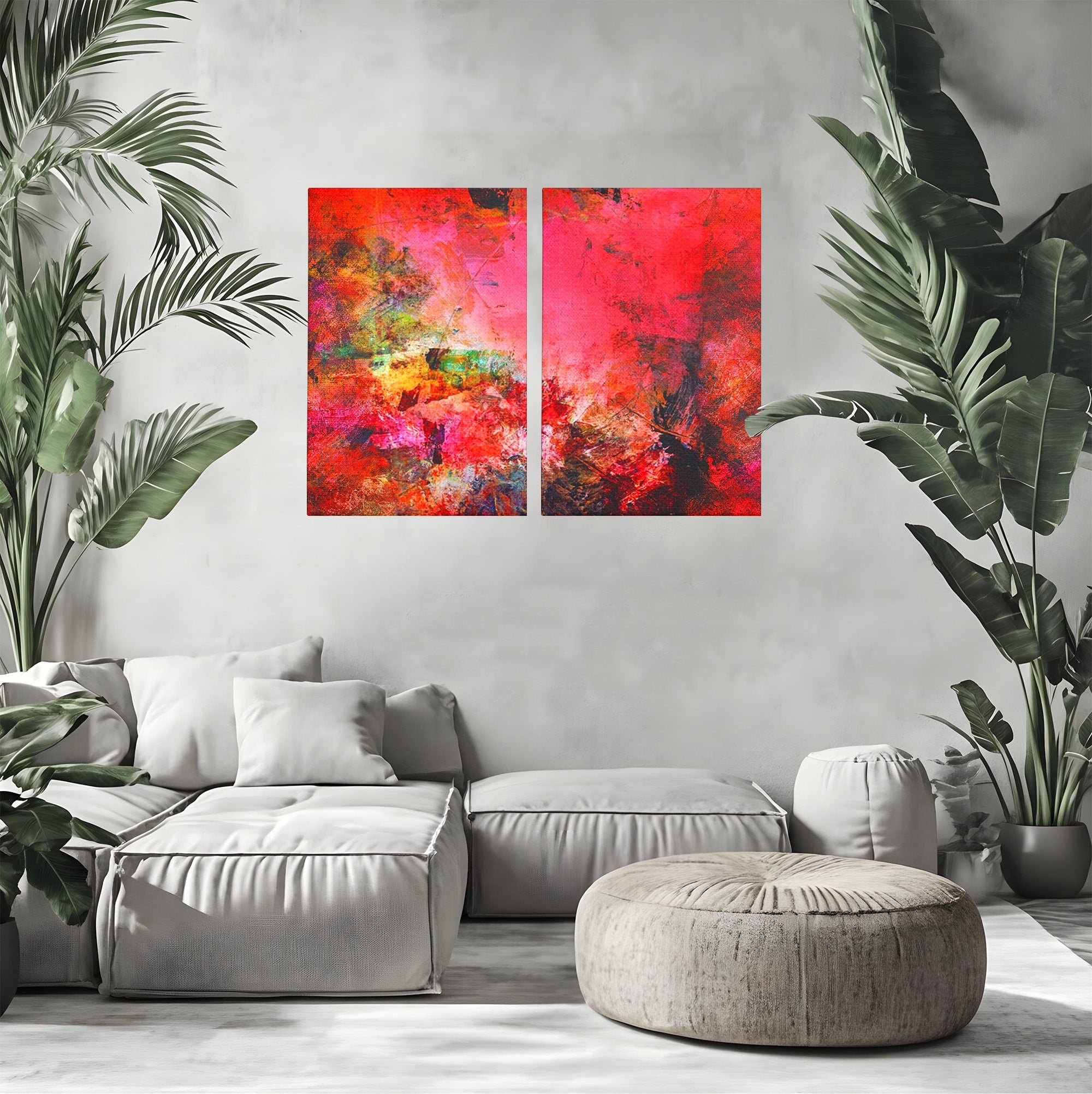 Set 2 Tablouri Canvas Premium LuxCanva® A2-1085, Colorful Red, Abstract, Red, Multicolor, Culori Vibrante