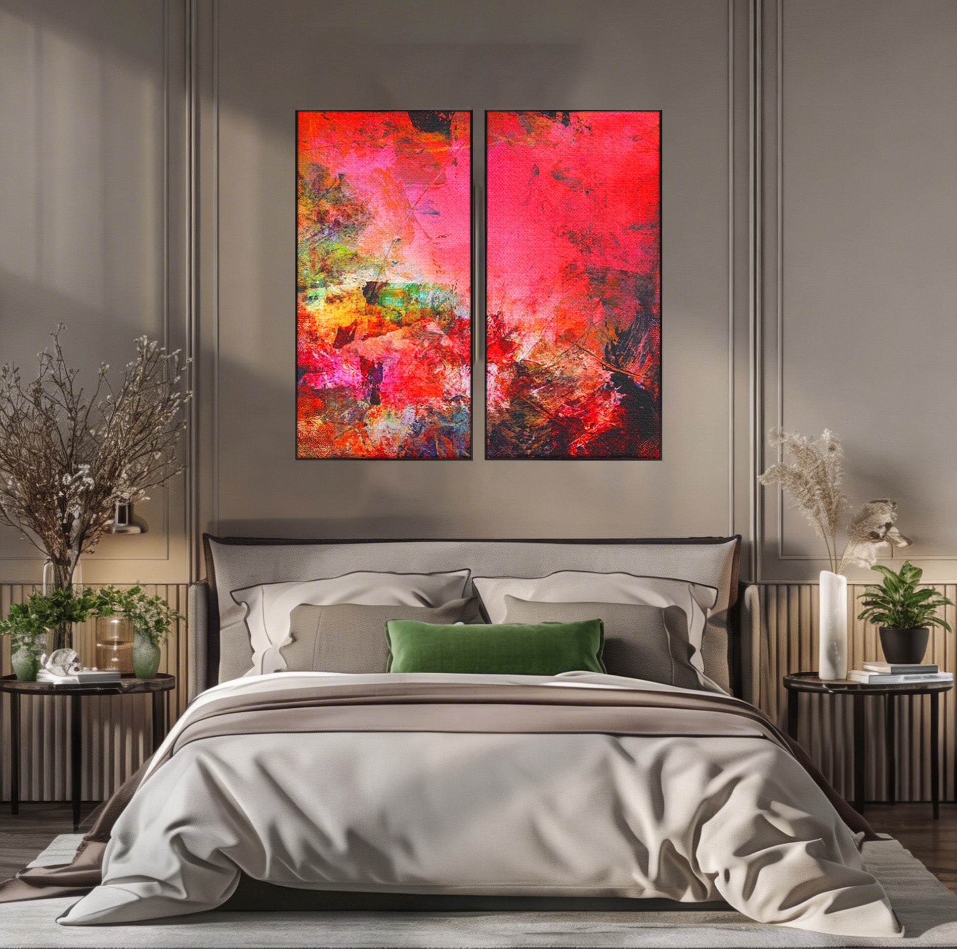 Set 2 Tablouri Canvas Premium LuxCanva® A2-1085, Colorful Red, Abstract, Red, Multicolor, Culori Vibrante