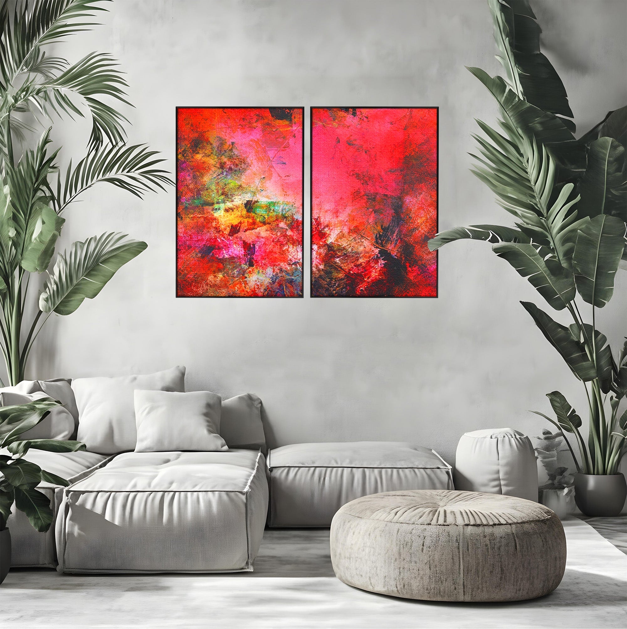Set 2 Tablouri Canvas Premium LuxCanva® A2-1085, Colorful Red, Abstract, Red, Multicolor, Culori Vibrante