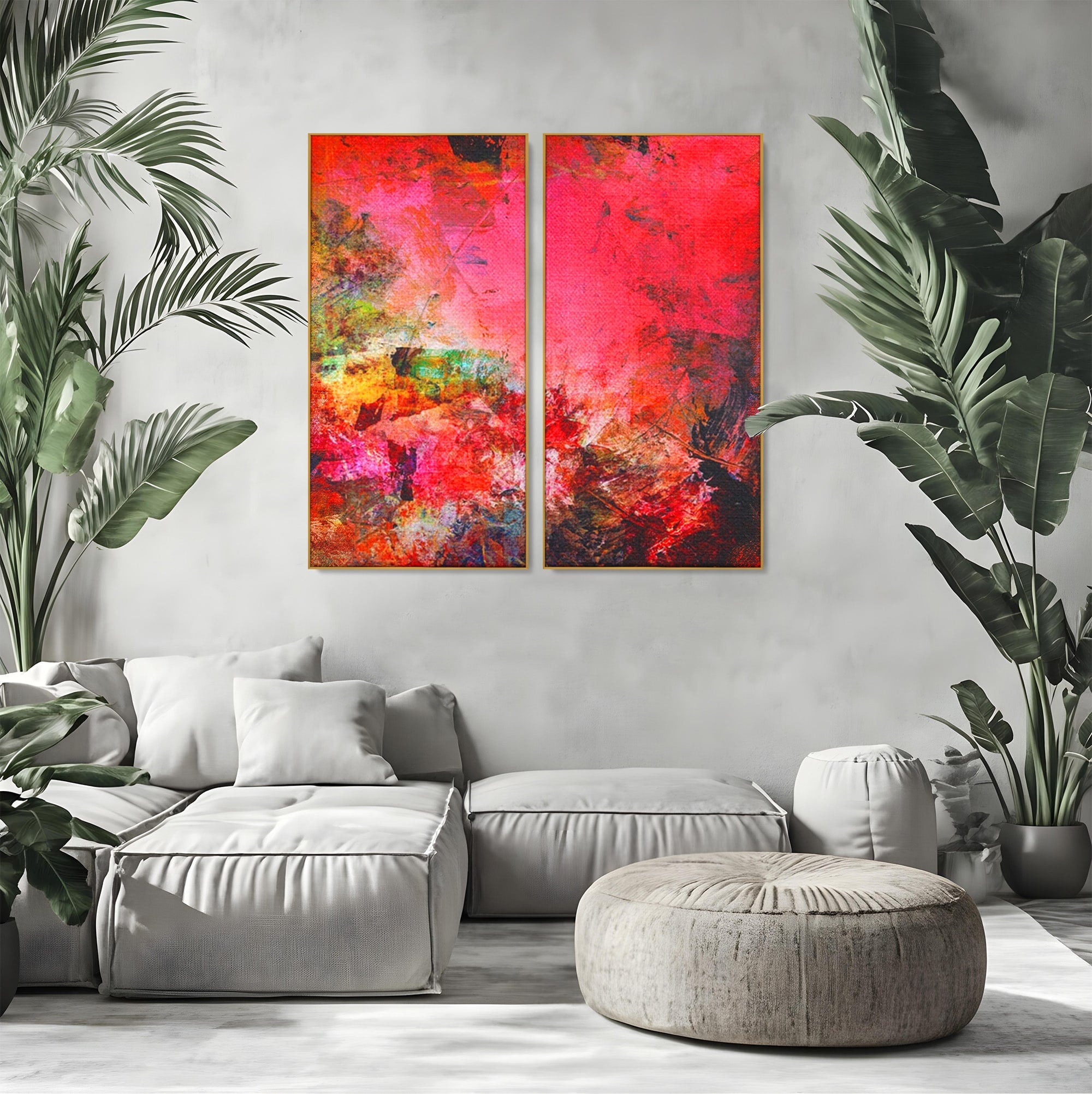 Set 2 Tablouri Canvas Premium LuxCanva® A2-1085, Colorful Red, Abstract, Red, Multicolor, Culori Vibrante