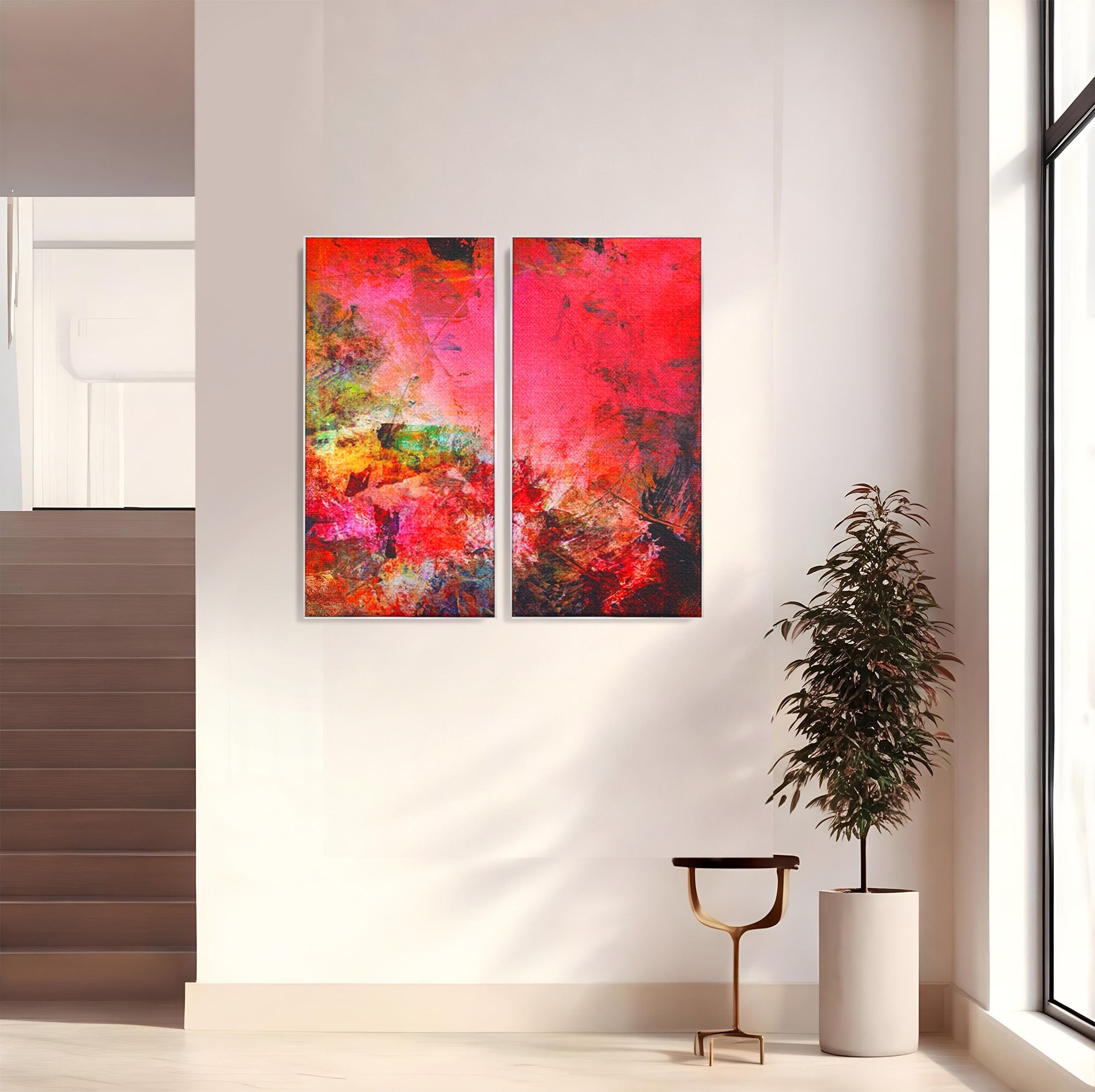 Set 2 Tablouri Canvas Premium LuxCanva® A2-1085, Colorful Red, Abstract, Red, Multicolor, Culori Vibrante