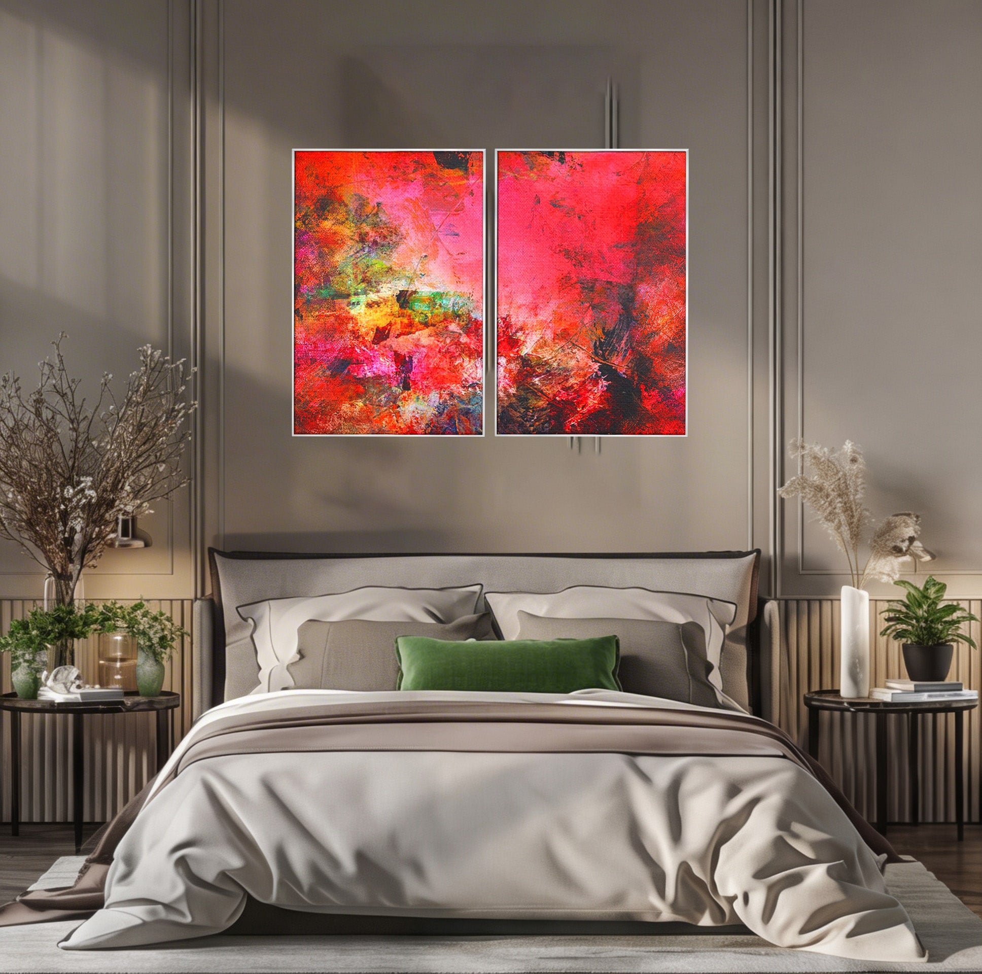 Set 2 Tablouri Canvas Premium LuxCanva® A2-1085, Colorful Red, Abstract, Red, Multicolor, Culori Vibrante