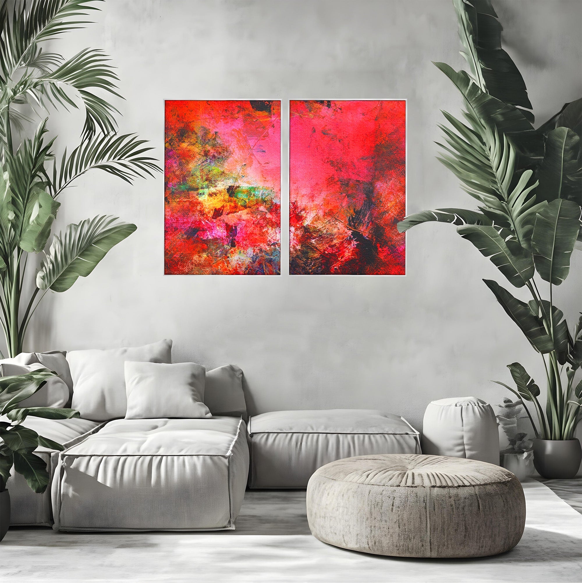 Set 2 Tablouri Canvas Premium LuxCanva® A2-1085, Colorful Red, Abstract, Red, Multicolor, Culori Vibrante
