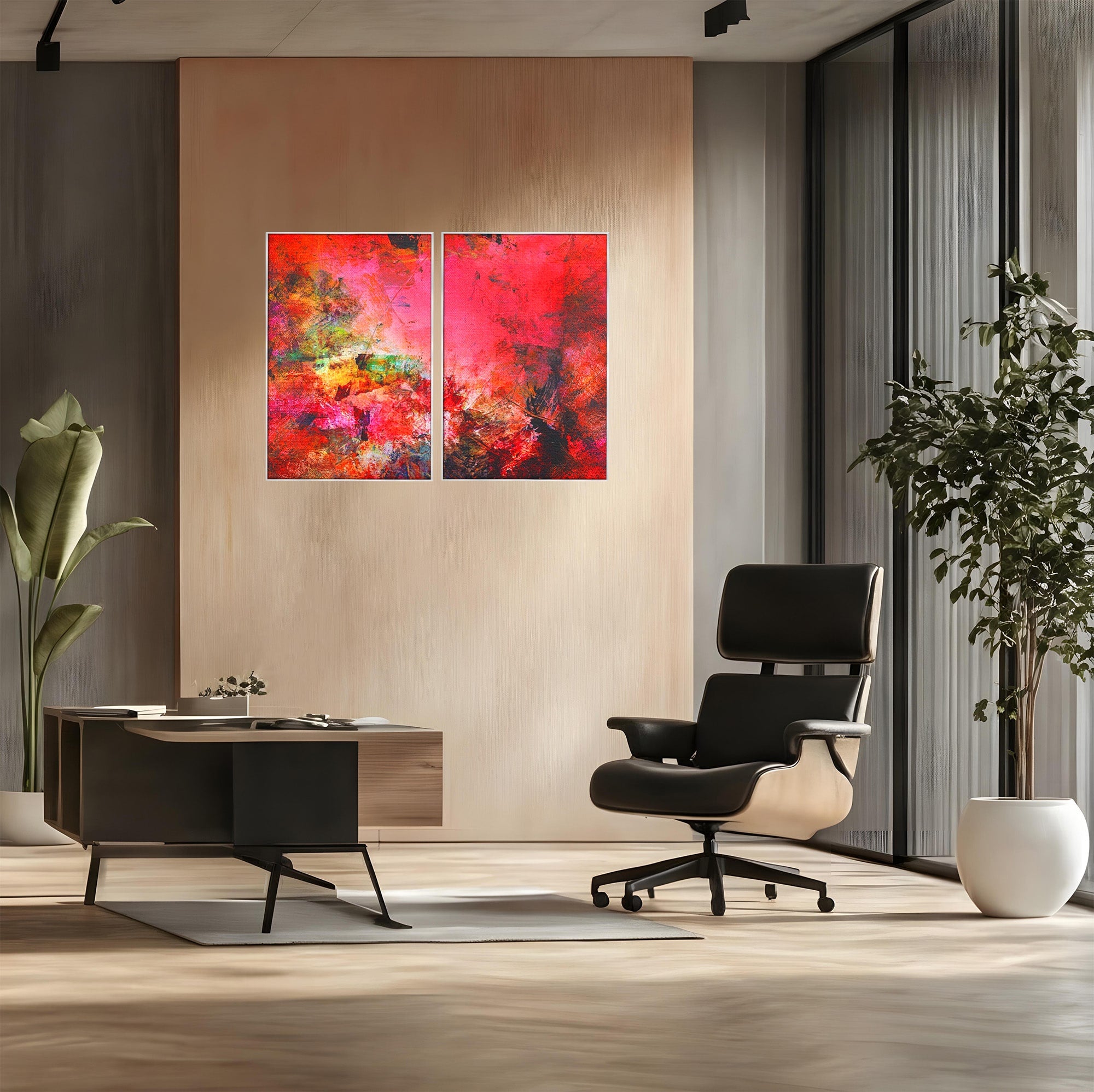 Set 2 Tablouri Canvas Premium LuxCanva® A2-1085, Colorful Red, Abstract, Red, Multicolor, Culori Vibrante