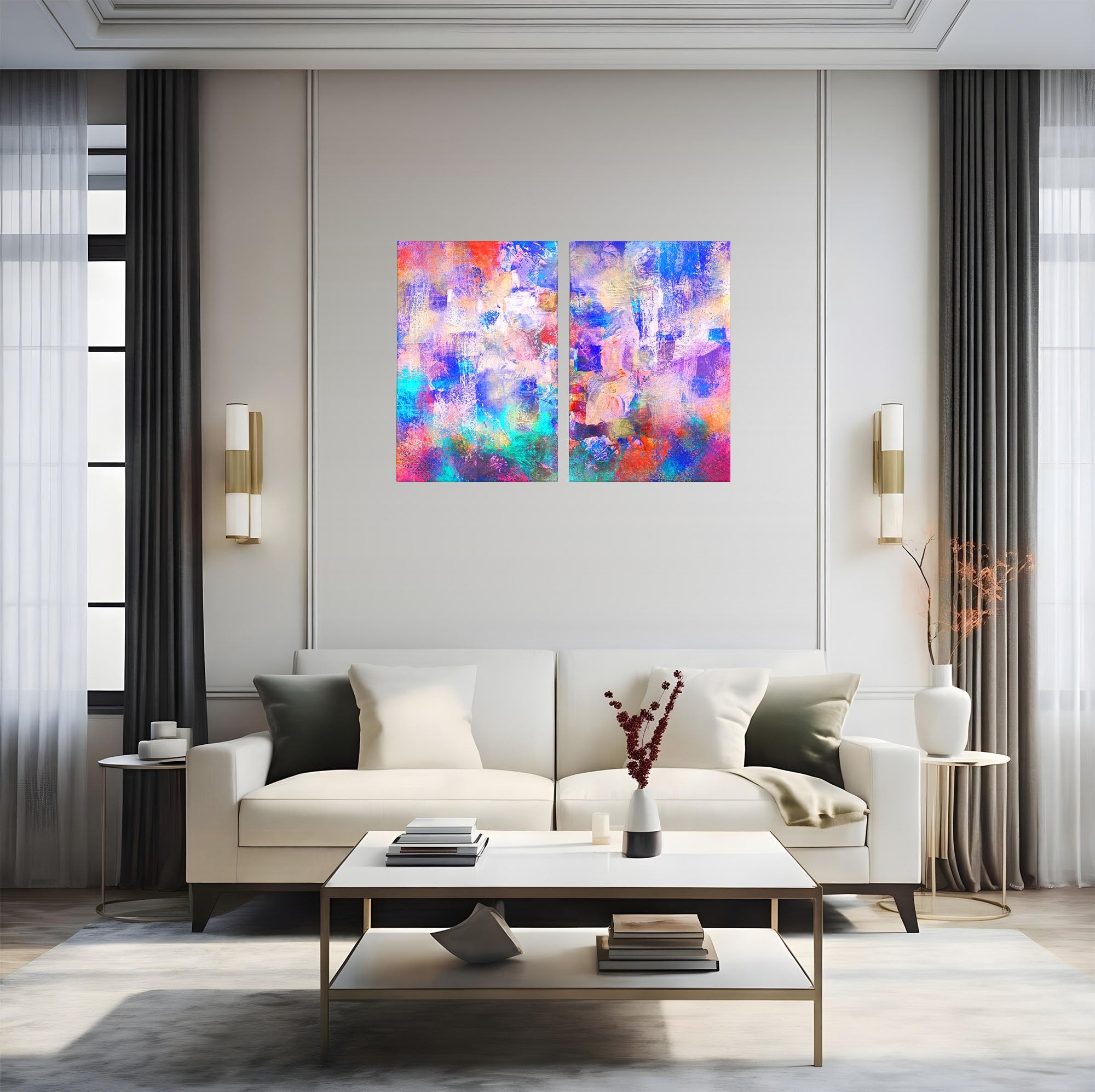 Set 2 Tablouri Canvas Premium LuxCanva® A2-1089, Multicolor, Abstract, Mixture Of Colors, Culori Vibrante