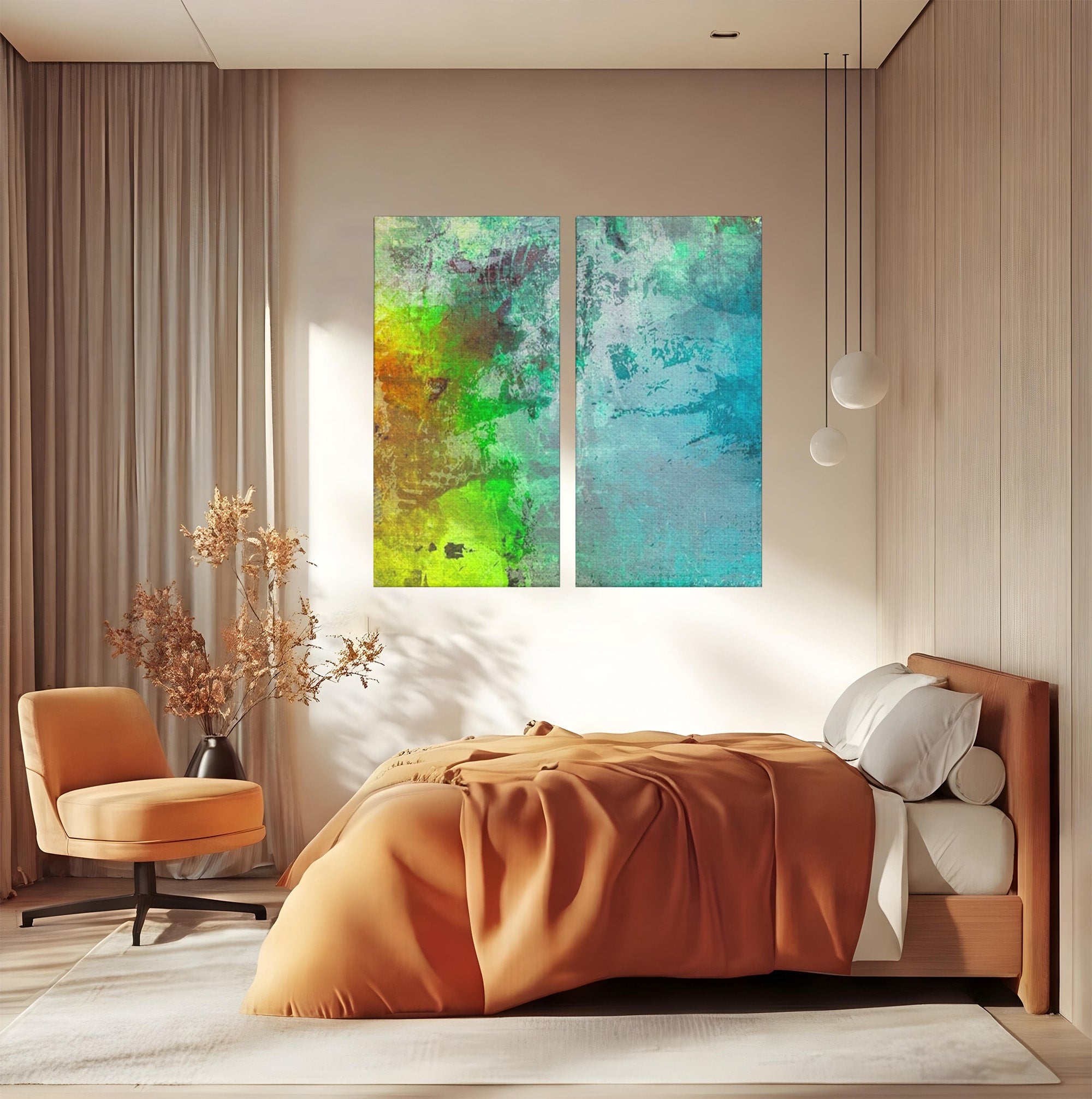 Set 2 Tablouri Canvas Premium LuxCanva® A2-1091, Colorful Green, Abstract, Verde, Blue, Multicolor, Culori Vibrante