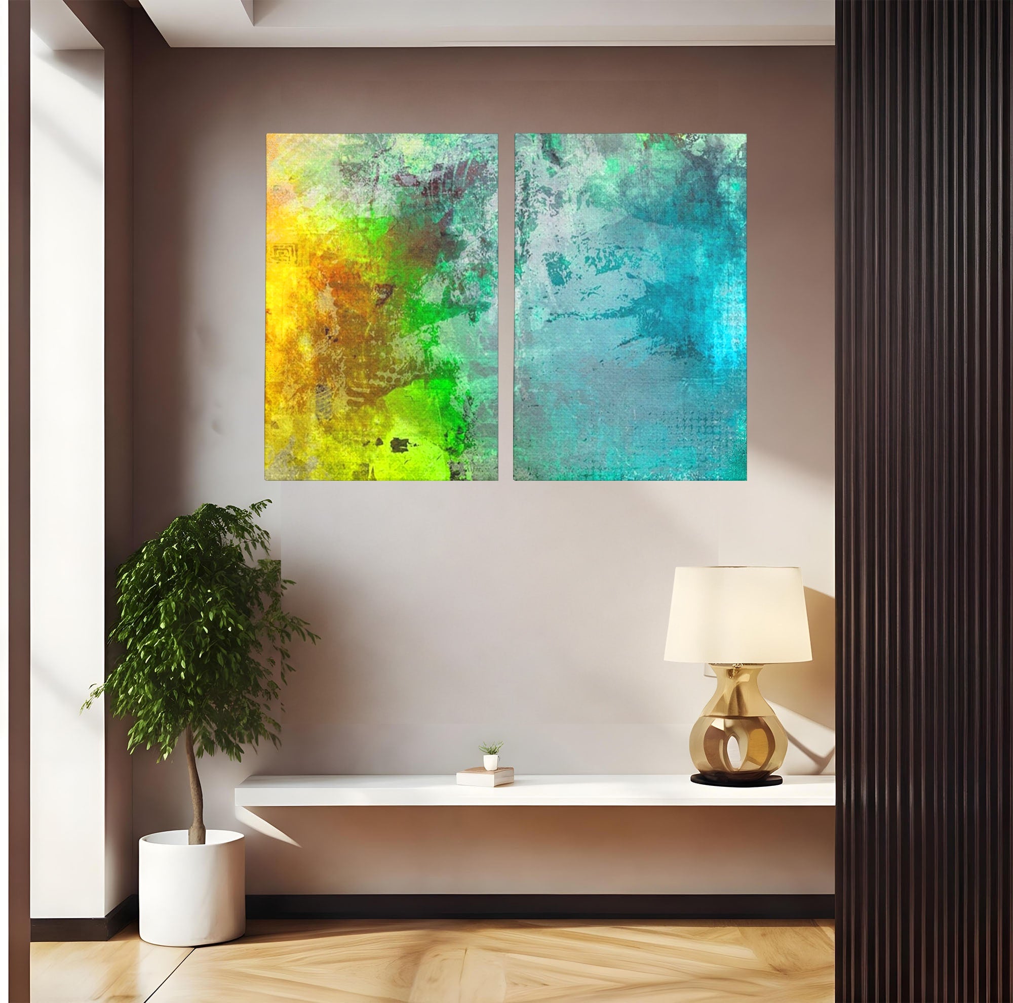 Set 2 Tablouri Canvas Premium LuxCanva® A2-1091, Colorful Green, Abstract, Verde, Blue, Multicolor, Culori Vibrante
