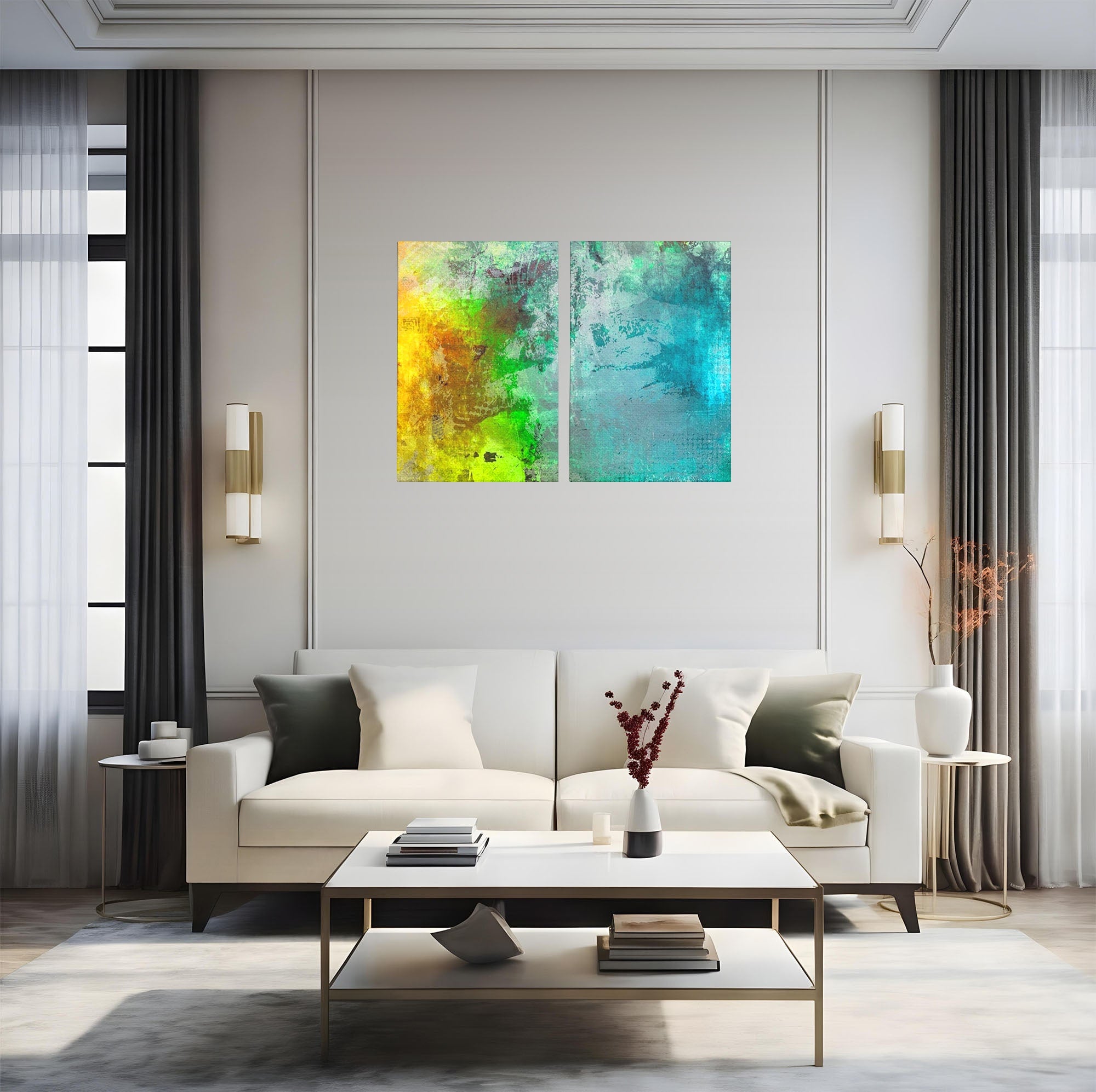 Set 2 Tablouri Canvas Premium LuxCanva® A2-1091, Colorful Green, Abstract, Verde, Blue, Multicolor, Culori Vibrante