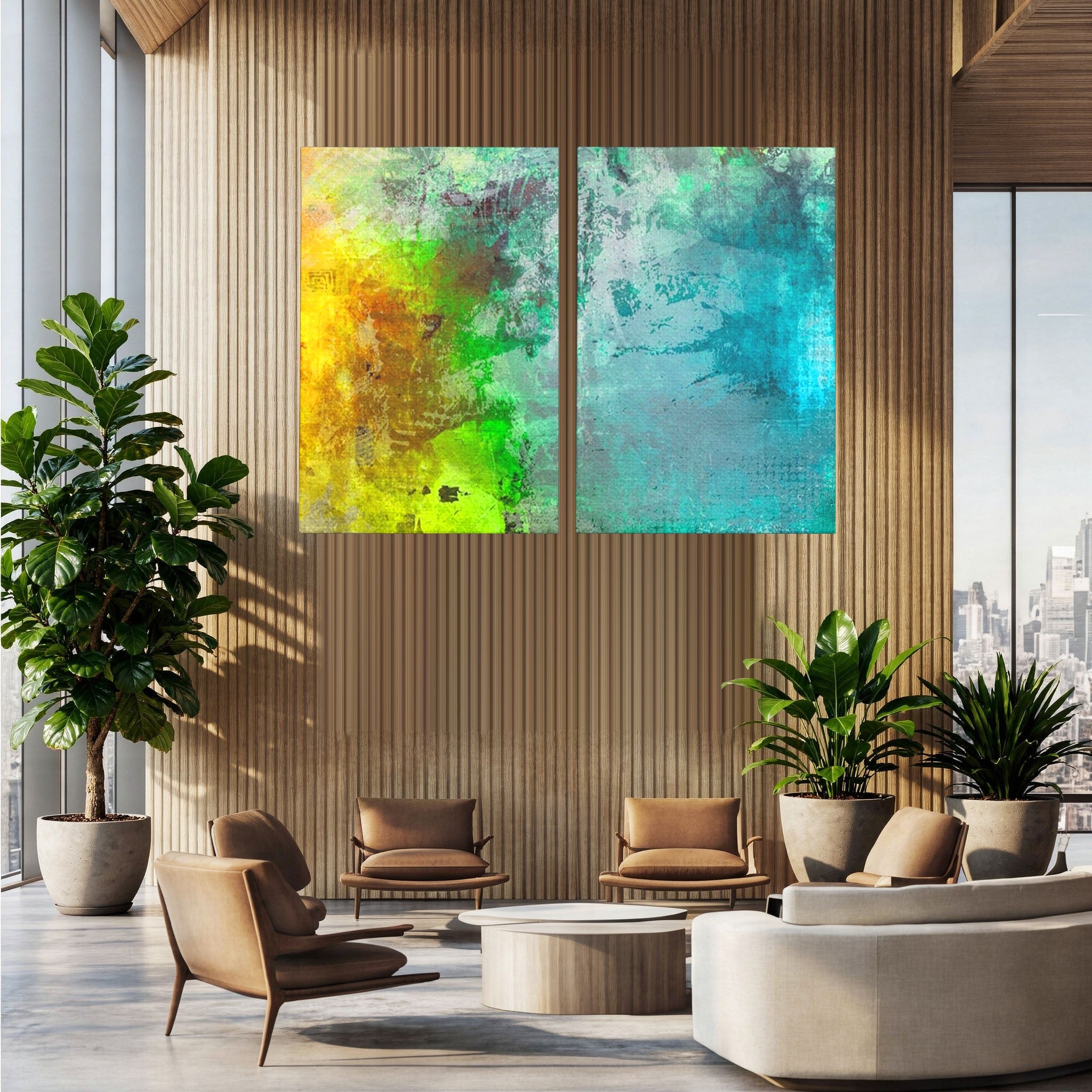 Set 2 Tablouri Canvas Premium LuxCanva® A2-1091, Colorful Green, Abstract, Verde, Blue, Multicolor, Culori Vibrante