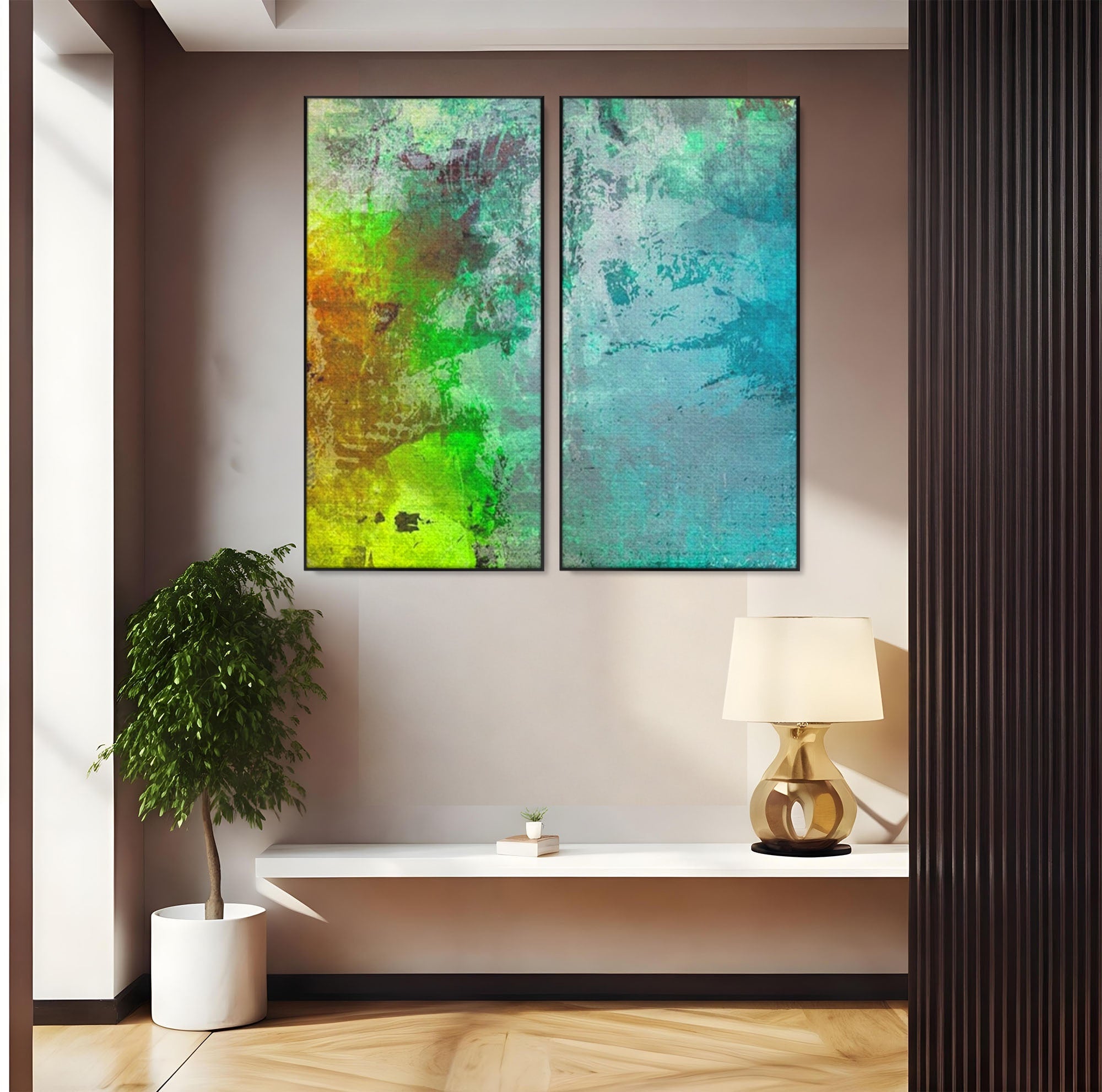 Set 2 Tablouri Canvas Premium LuxCanva® A2-1091, Colorful Green, Abstract, Verde, Blue, Multicolor, Culori Vibrante