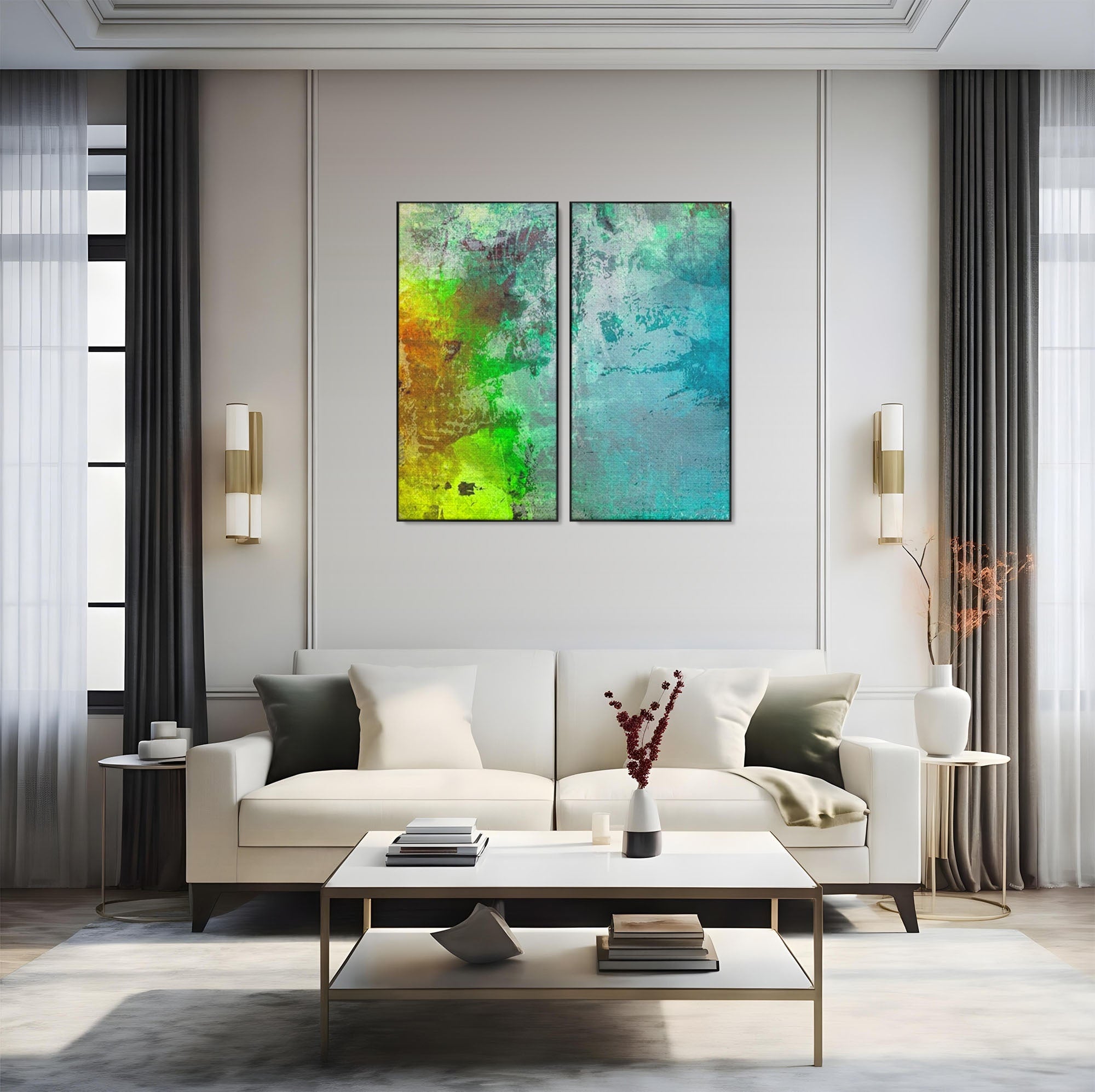 Set 2 Tablouri Canvas Premium LuxCanva® A2-1091, Colorful Green, Abstract, Verde, Blue, Multicolor, Culori Vibrante