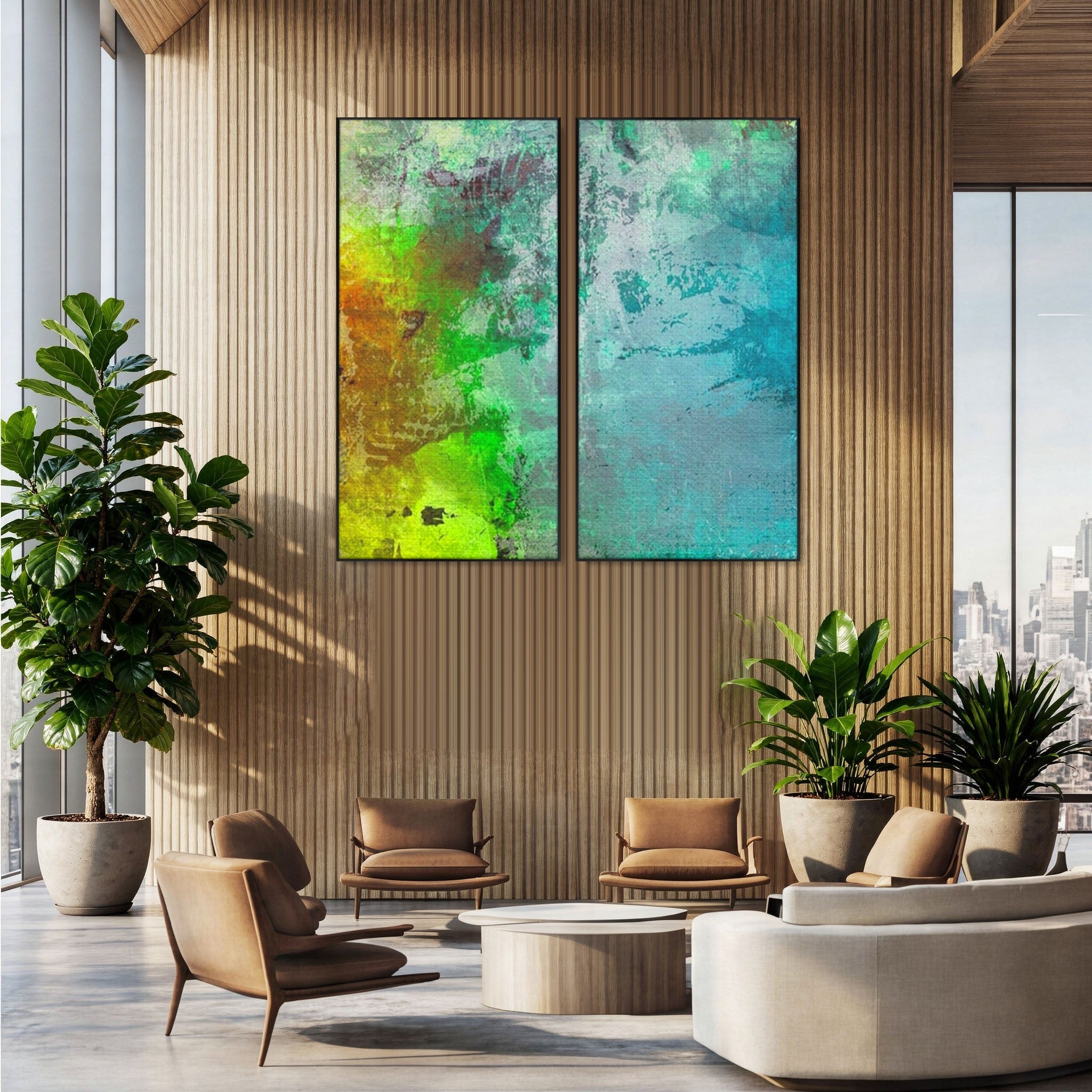 Set 2 Tablouri Canvas Premium LuxCanva® A2-1091, Colorful Green, Abstract, Verde, Blue, Multicolor, Culori Vibrante