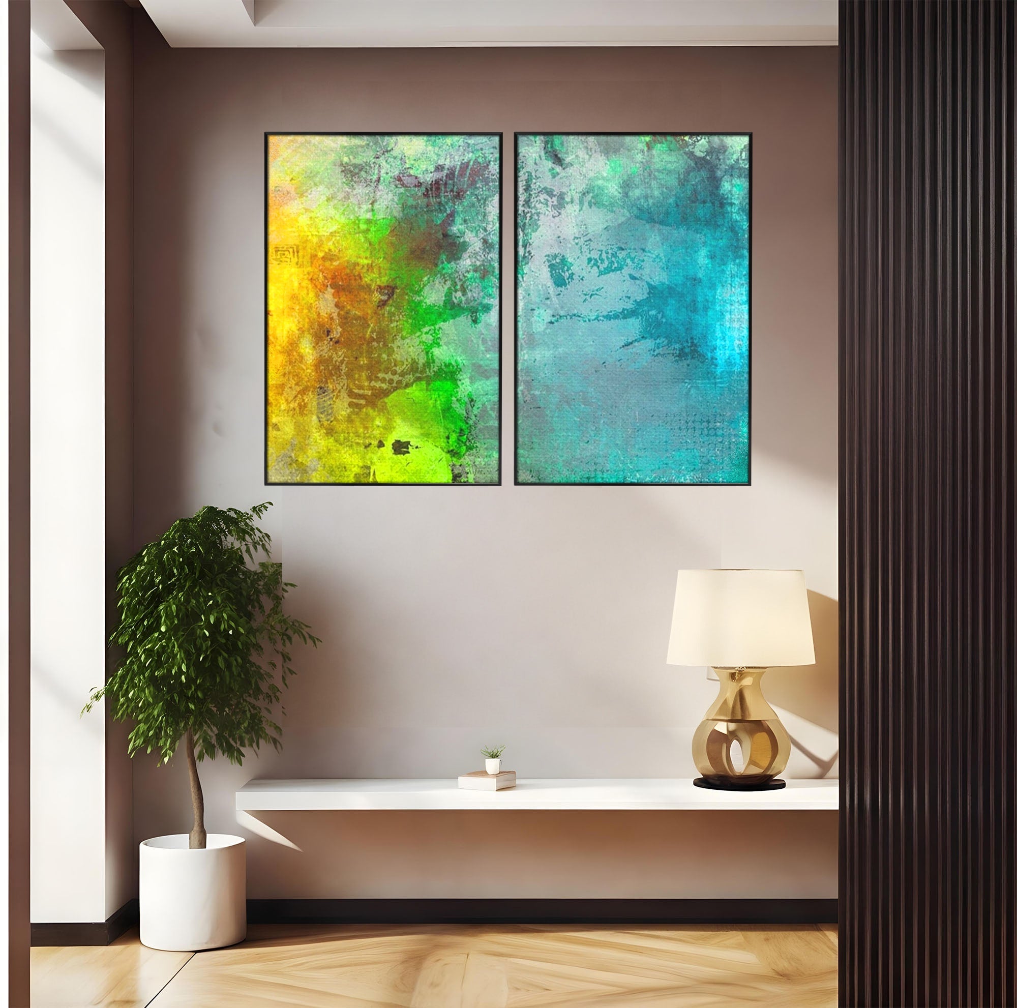 Set 2 Tablouri Canvas Premium LuxCanva® A2-1091, Colorful Green, Abstract, Verde, Blue, Multicolor, Culori Vibrante