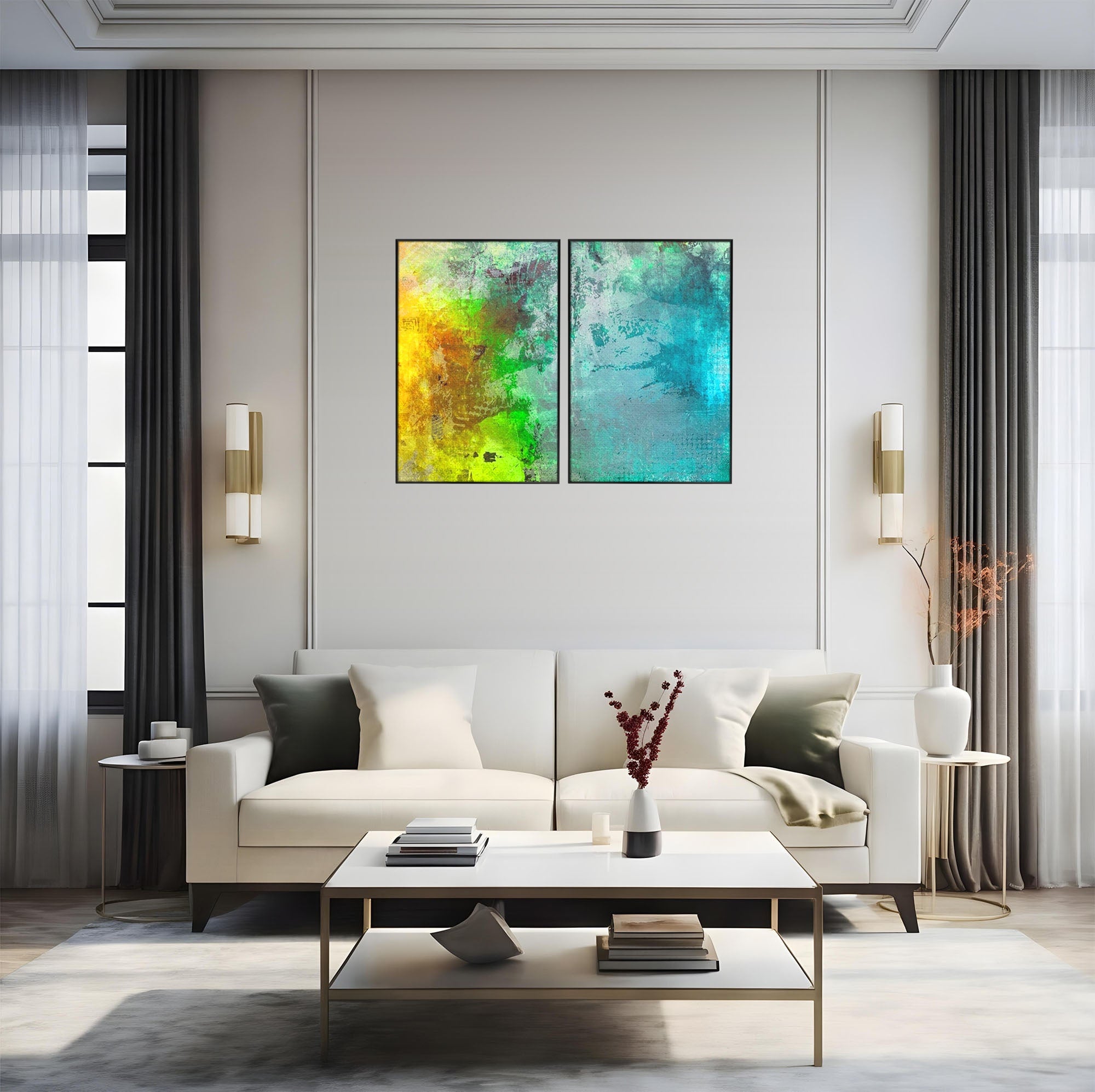 Set 2 Tablouri Canvas Premium LuxCanva® A2-1091, Colorful Green, Abstract, Verde, Blue, Multicolor, Culori Vibrante