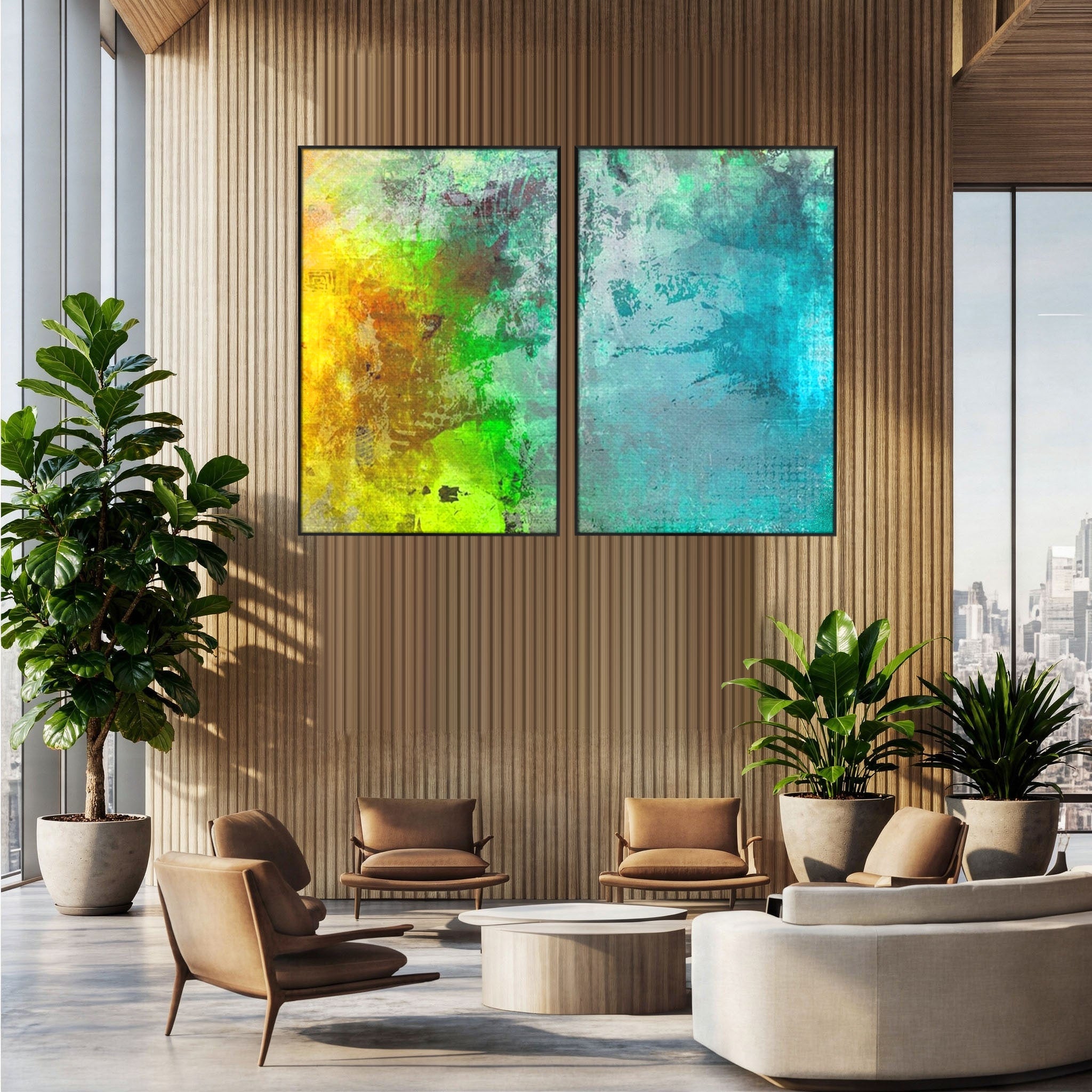 Set 2 Tablouri Canvas Premium LuxCanva® A2-1091, Colorful Green, Abstract, Verde, Blue, Multicolor, Culori Vibrante